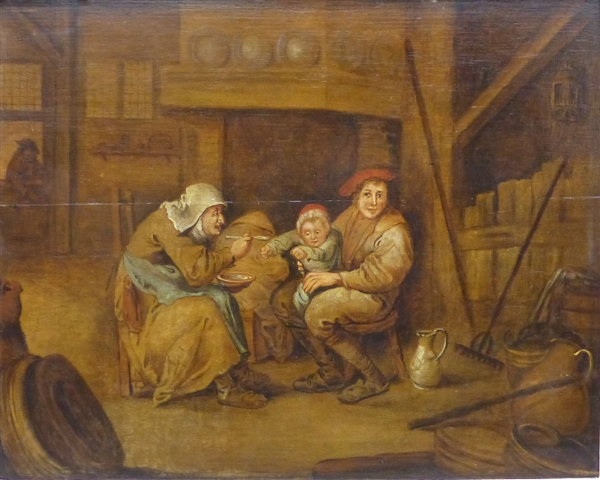 Holland, um 1800 Öl auf Holz, Bauernfamilie in der Stube, mittig Haarriss, 40 x 51 cm, im Rahmen,