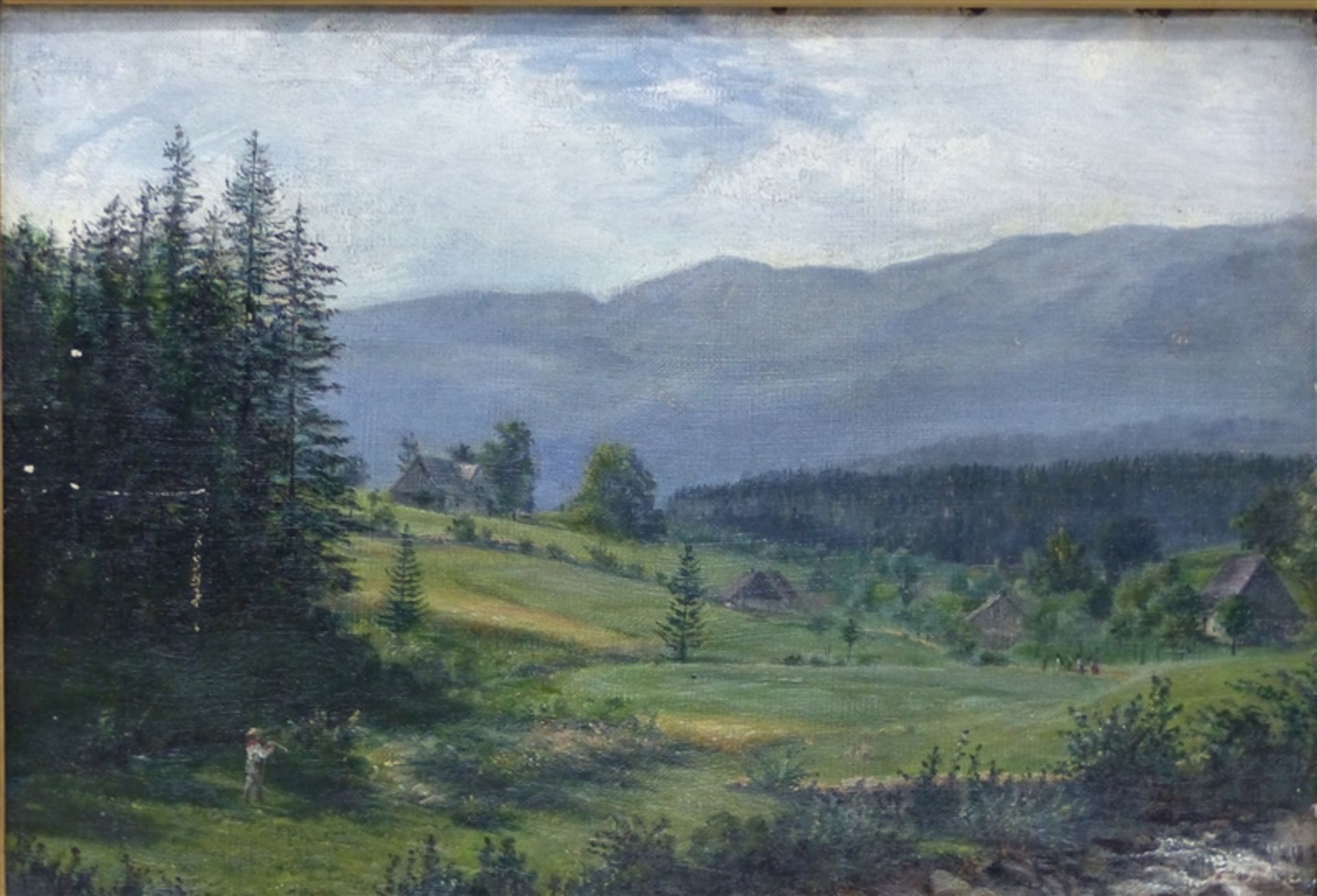 Süddeutsch, Ende 19. Jh. Öl auf Leinen, Oberbayerische Landschaft mit Personen und Häusern, im