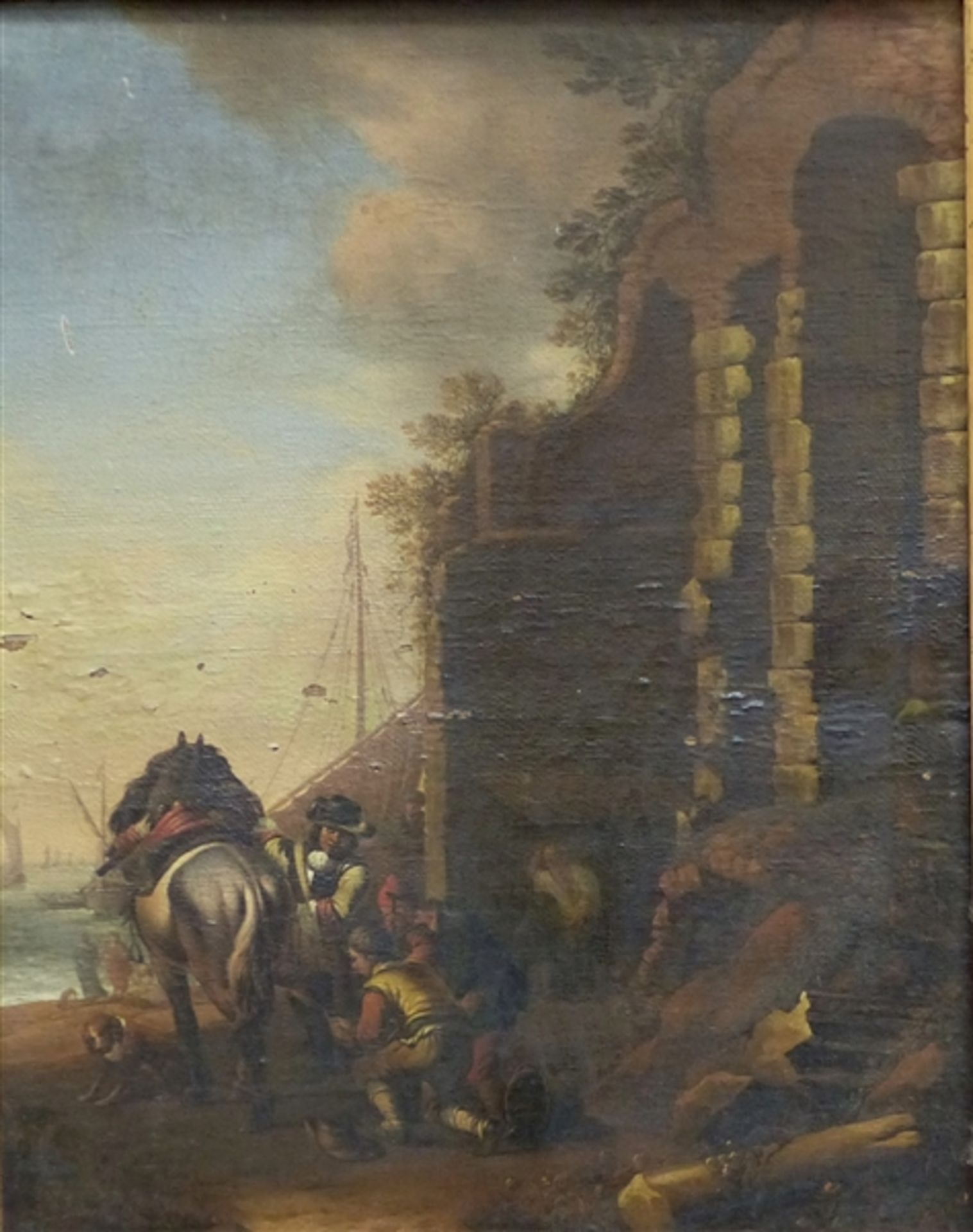 Holland, 18. Jh. Öl auf Holz, Ruine am Hafen, im Vordergrund Hufschmied mit Pferd und Reiter,