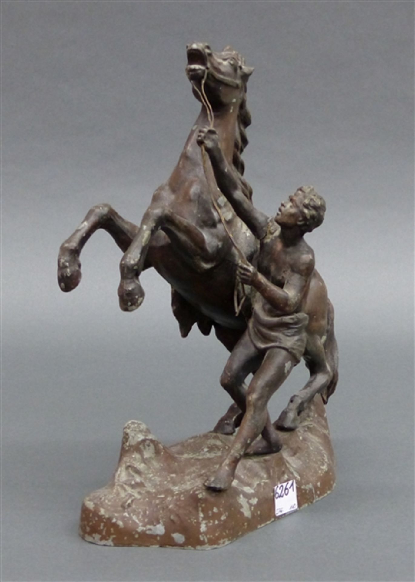 Metallskulptur um 1900, Zinnguss, Reiter mit aufbäumendem Pferd, Arm beschädigt, h 30 cm,