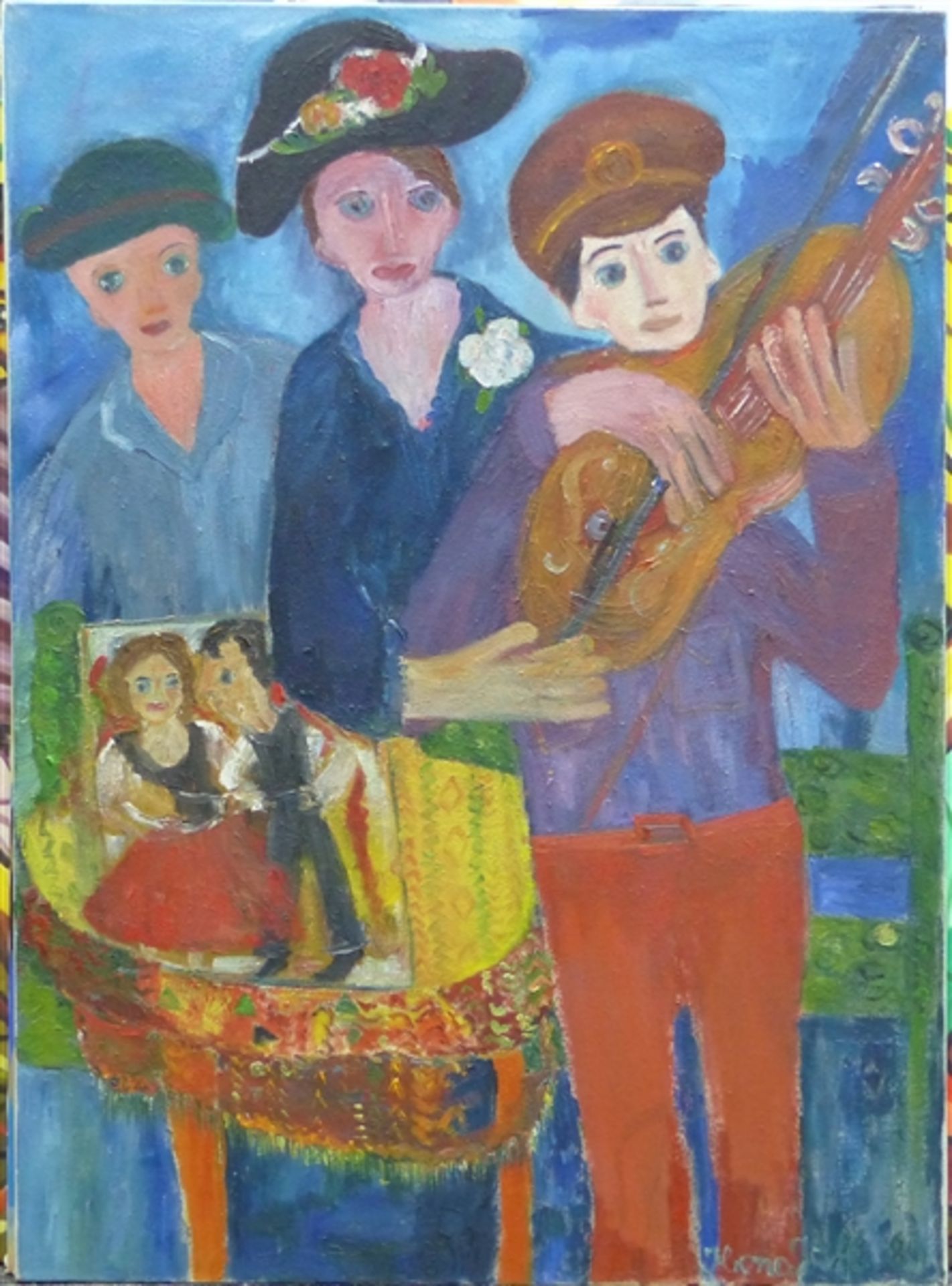 Jaffe, Ilona geb. 1925, Öl auf Leinen, Familie mit Geige, rückseitig betitelt "Home coming",