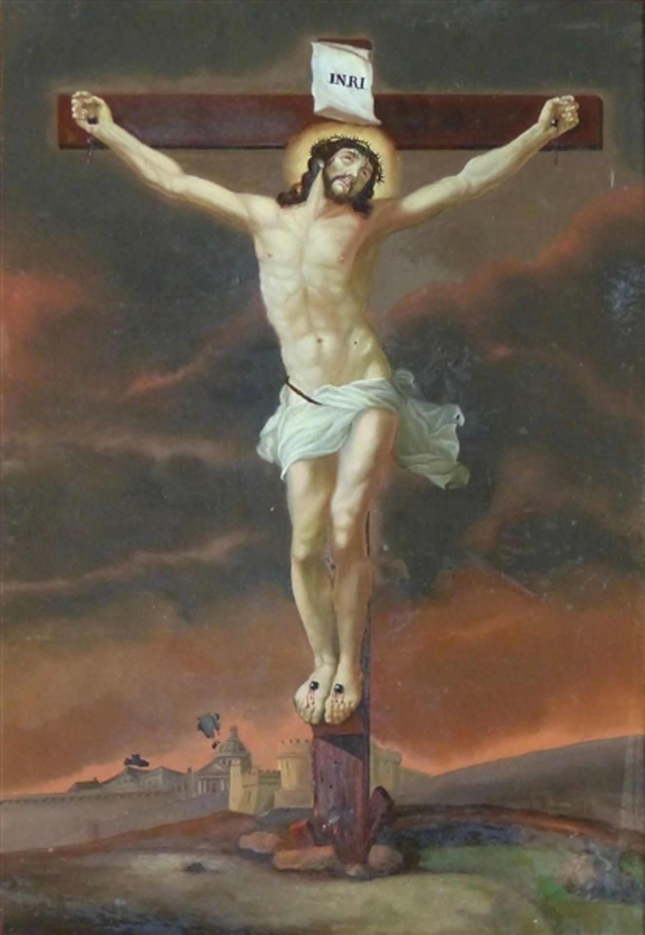 Augsburg, 18. Jh. Hinterglasbild, Jesus am Kreuz, im Hintergrund Paläste, Farbabplatzungen,