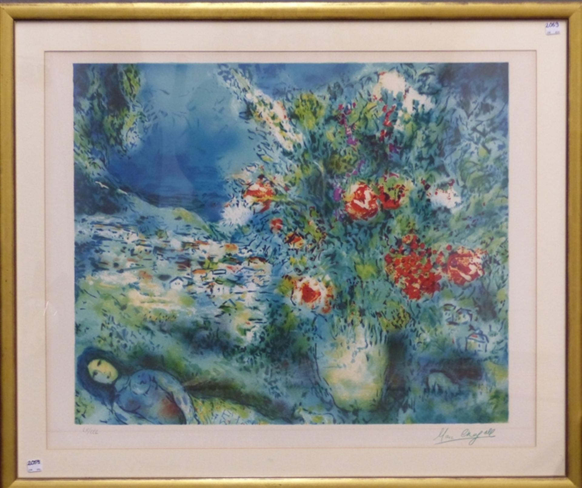 Lithographie Marc Chagall (1887 - 1985), Landschaft mit Blumenstillleben, rechts unten bezeichnet,