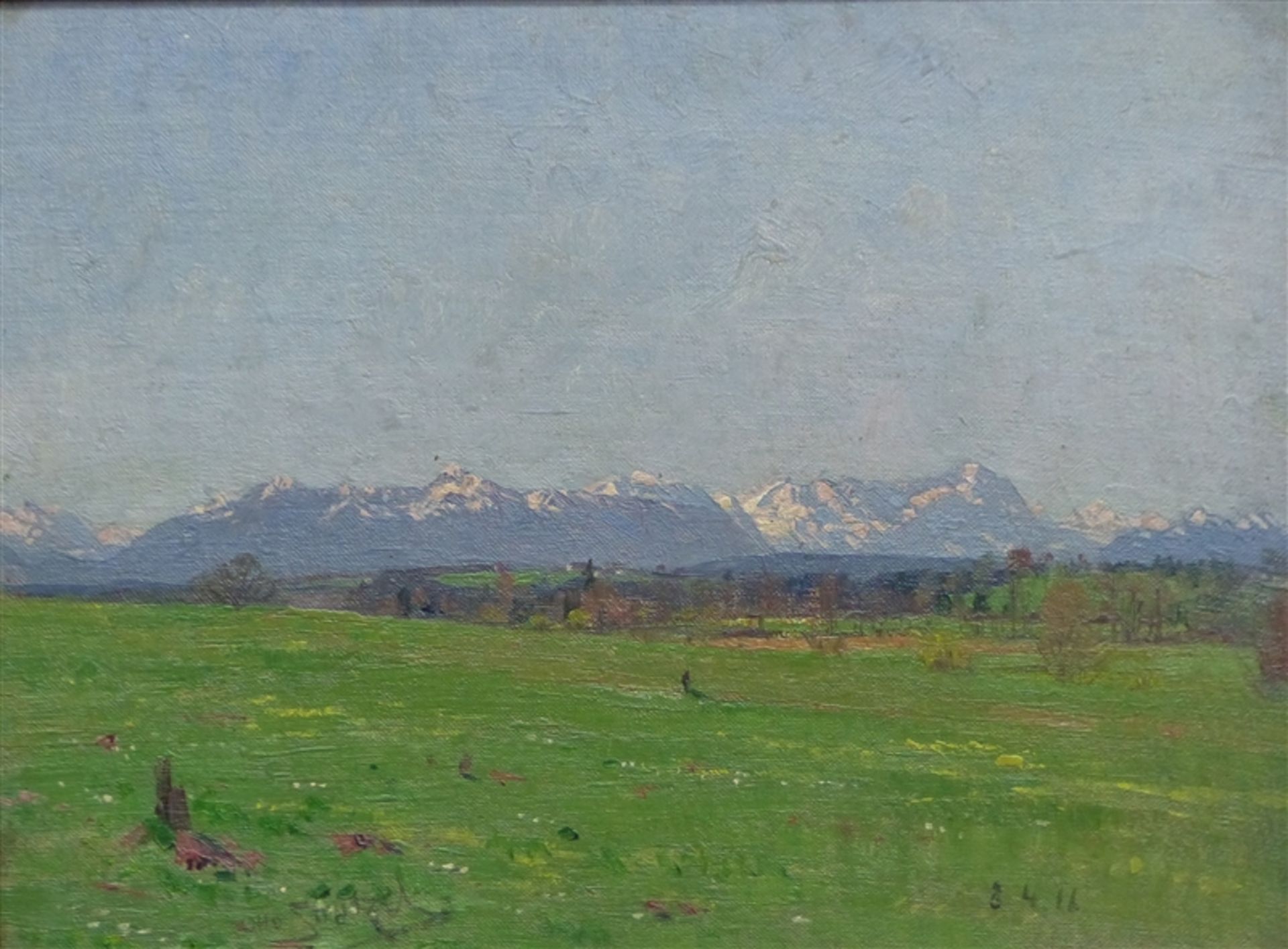 Strützel, Otto 1855 - 1930, Öl auf Karton, Landschaft, im Hintergrund Hochgebirge, links unten