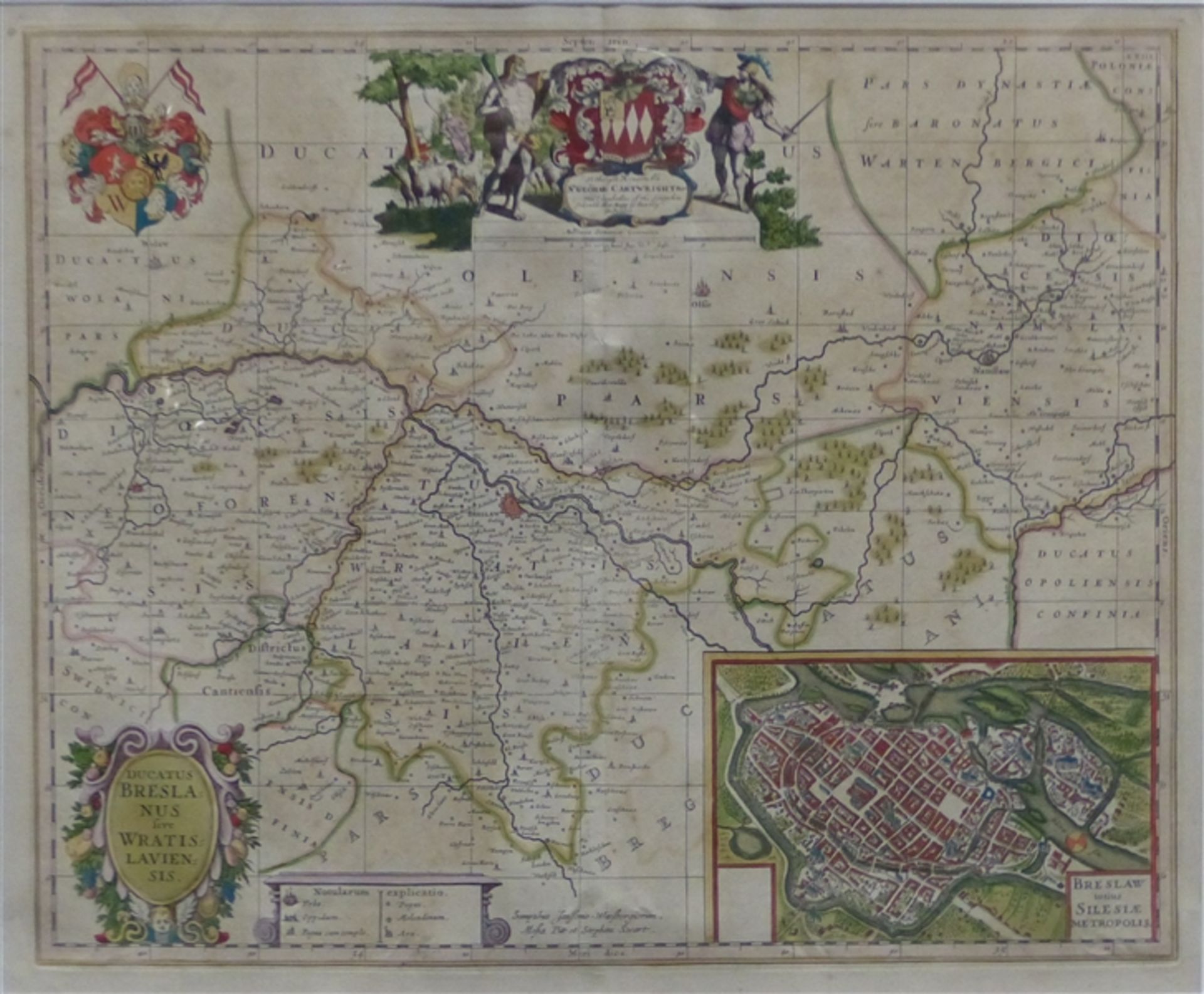 Kupferkarte, 18 Jh. Gegend um Breslau, reich coloriert, Städtemotiv, Wappendekor und Kurzlegende von