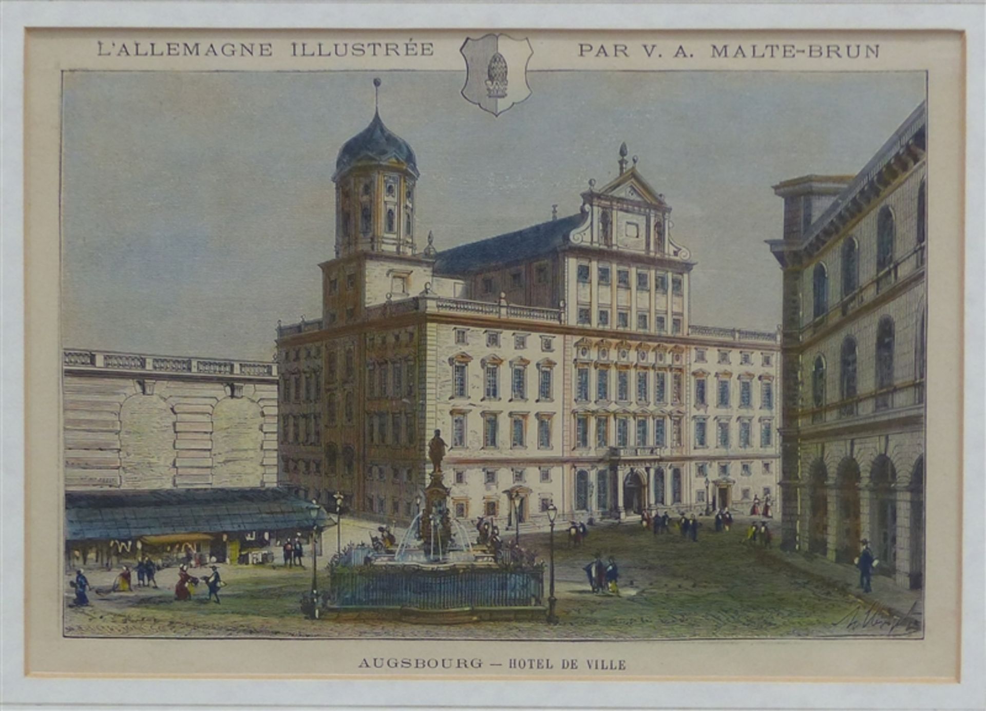 Farbdruck Augsburger Rathaus mit Augustusbrunnen und Personen, 17,5 x 24,5 cm, im Rahmen,