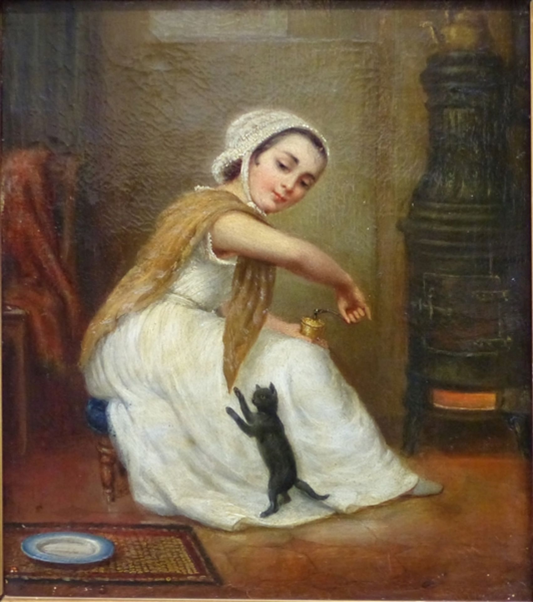 Deutsch, um 1820 Öl auf Leinen, Interieurszene: sitzendes Mädchen mit Kaffeemühle und Katze, gute