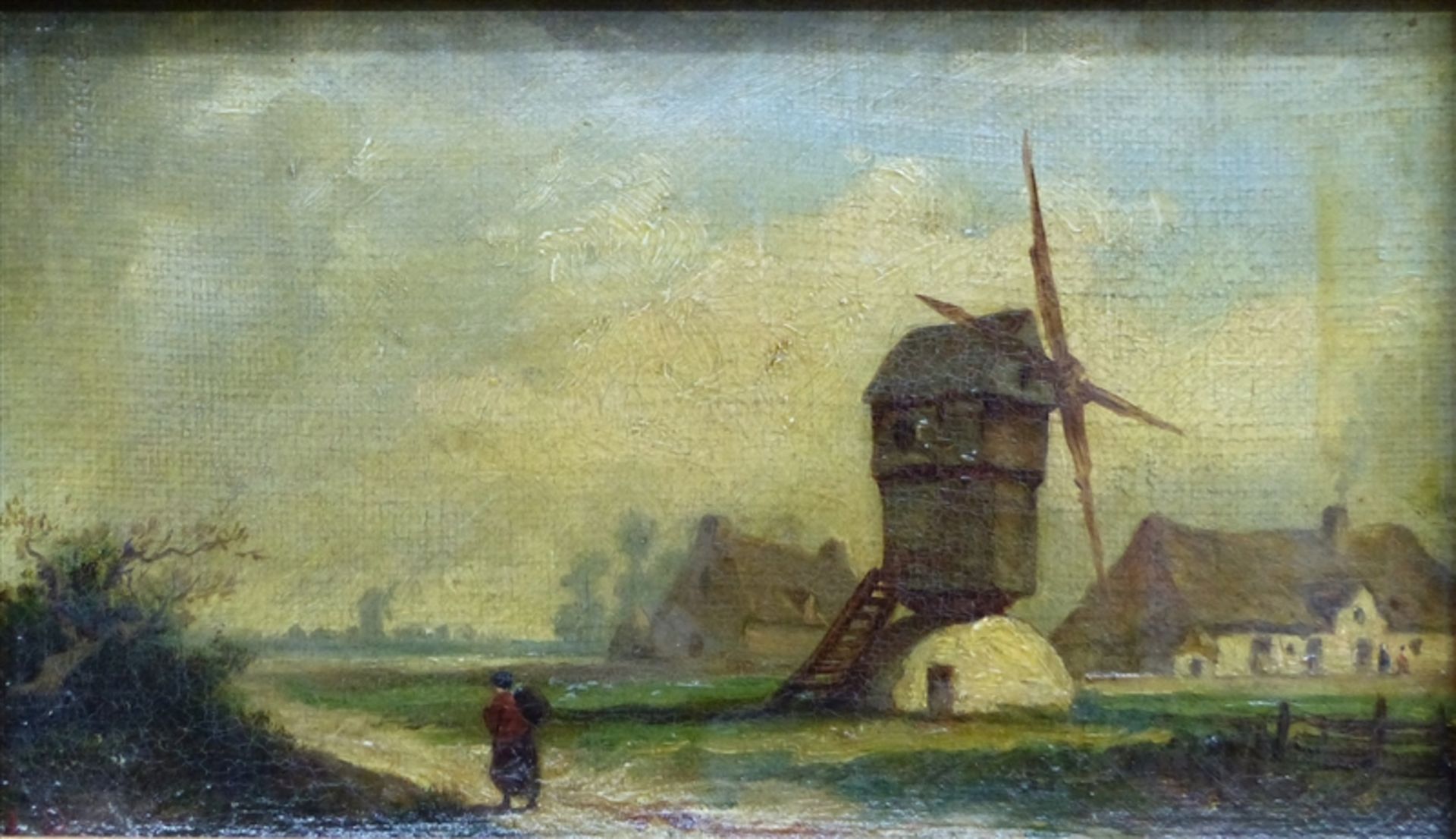 Roux, A. 19. Jh., Öl auf Leinen, Französische Sommerlandschaft mit Bauernhof und Windmühle, links