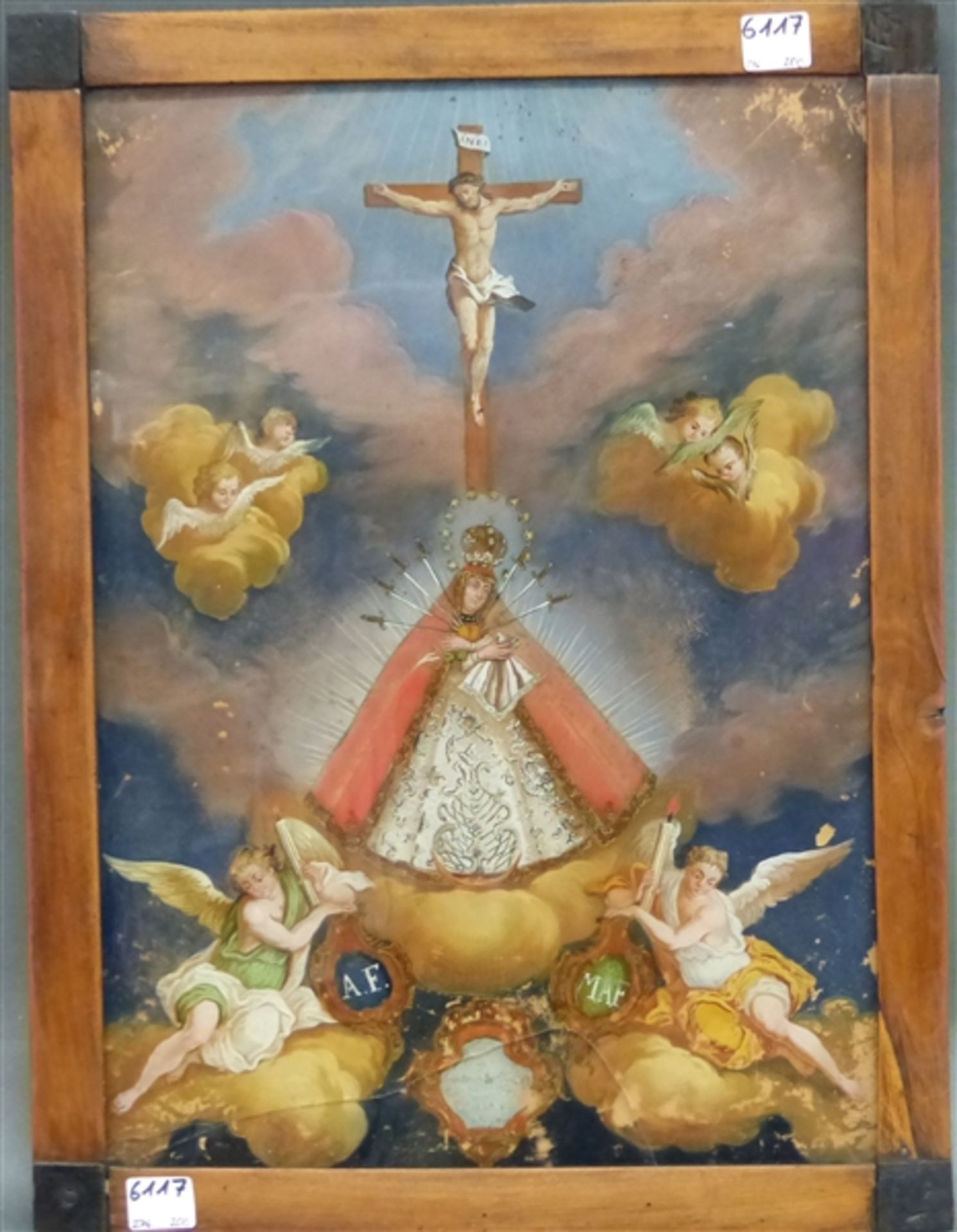 Hinterglasbild, um 1820 Süddeutsch, schmerzhafte Muttergottes mit Putti, Kreuz und Erzengel,