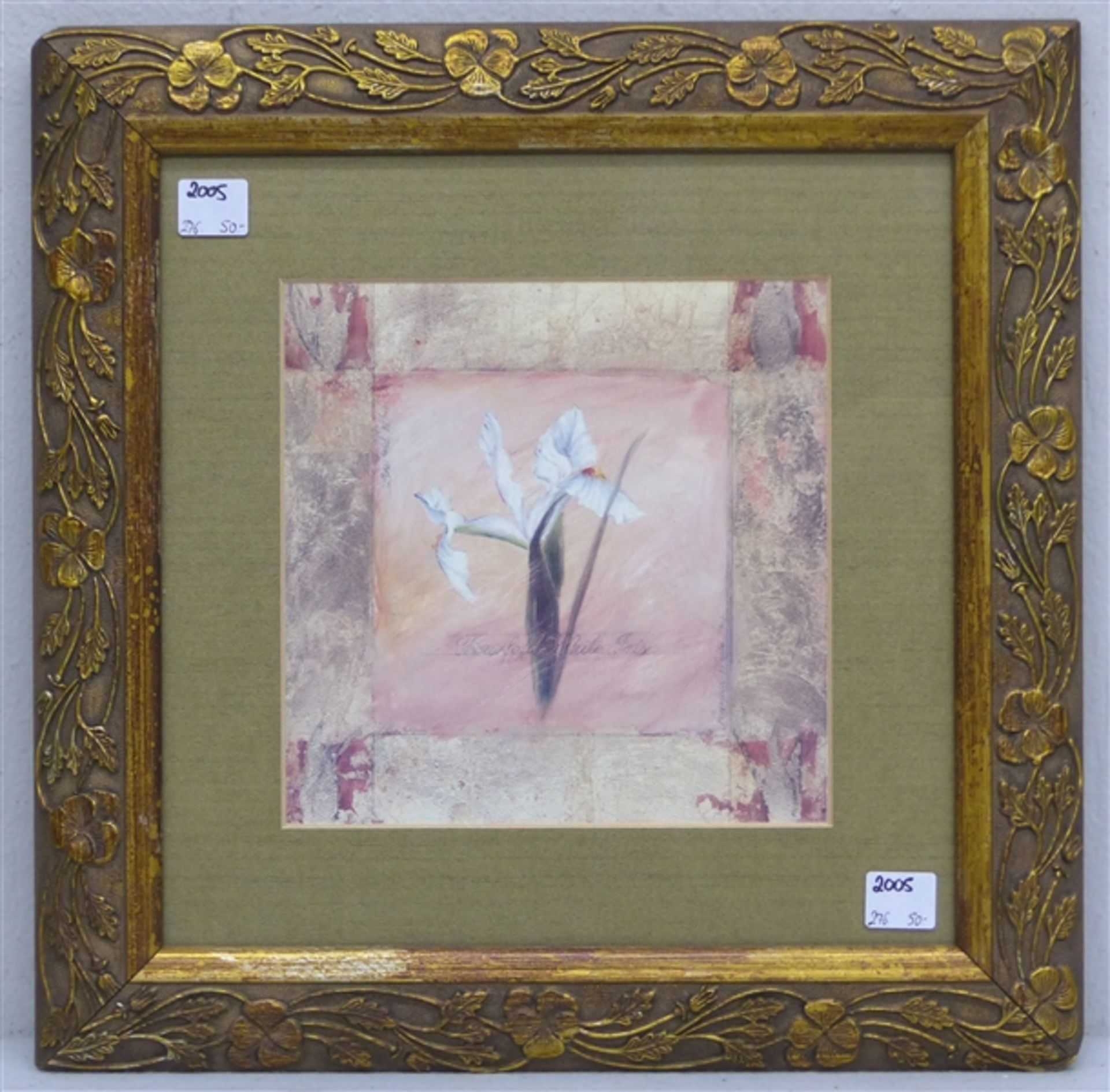 Kunstdruck 20. Jh., Jugendstil, weiße Schwertlilie, 18 x 18 cm, im Rahmen,