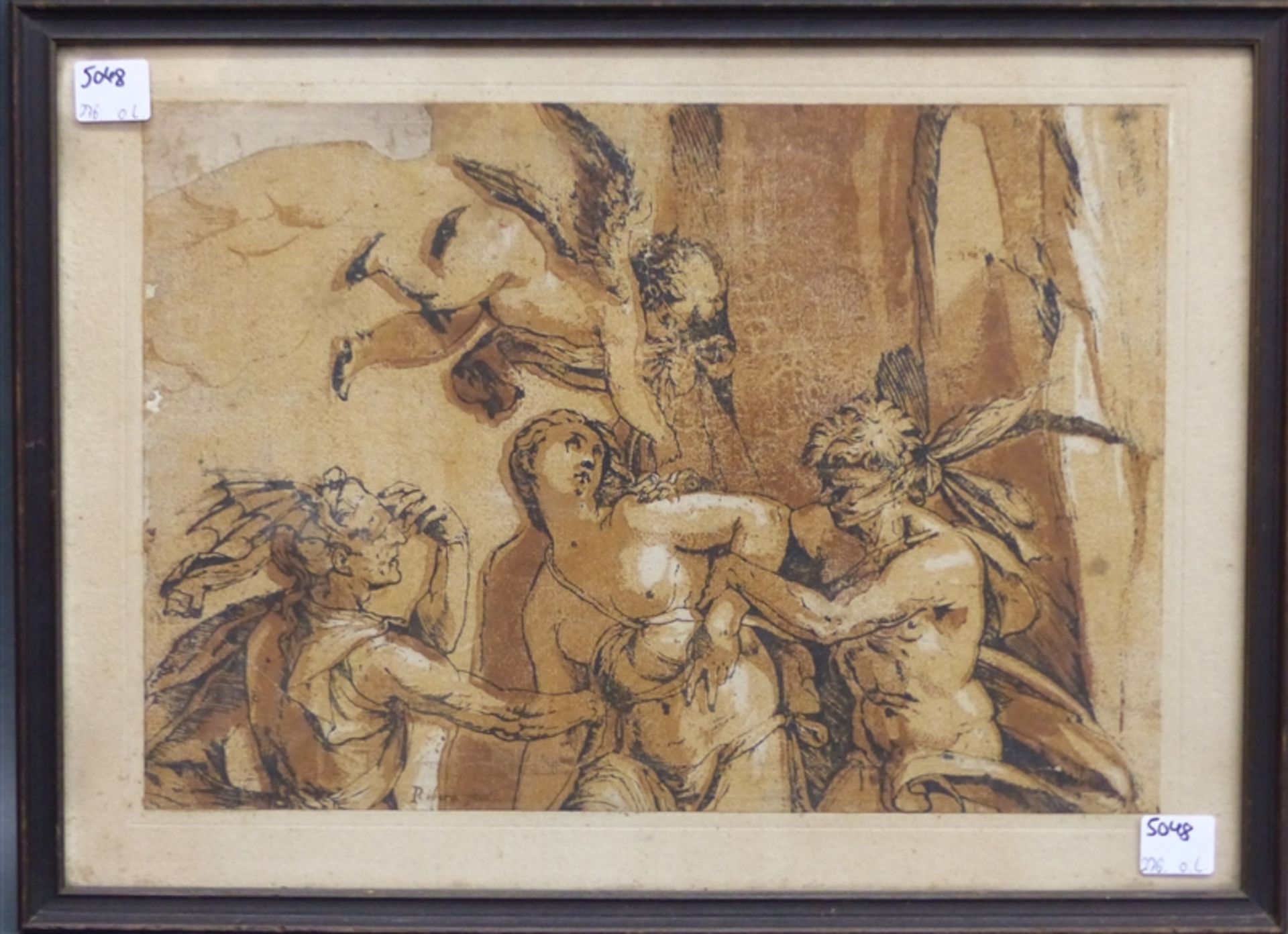 Druckgraphik, 18./19. Jh. Figurengruppe mit Engel, links unten bezeichnet: "Ribera Fecit", 22 x 31