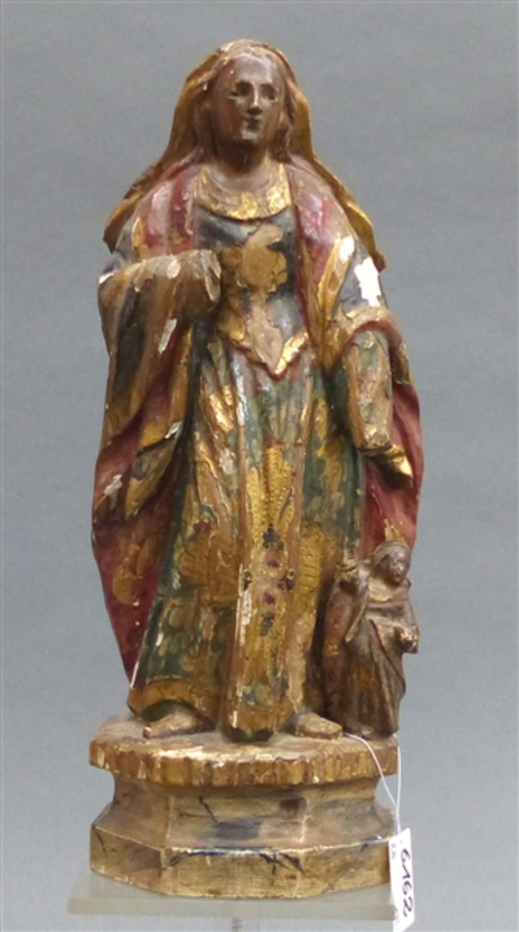 Holzskulptur Madonna mit Mutter Anna, beschädigt, Restfassung, um 1900, h 27,5 cm,