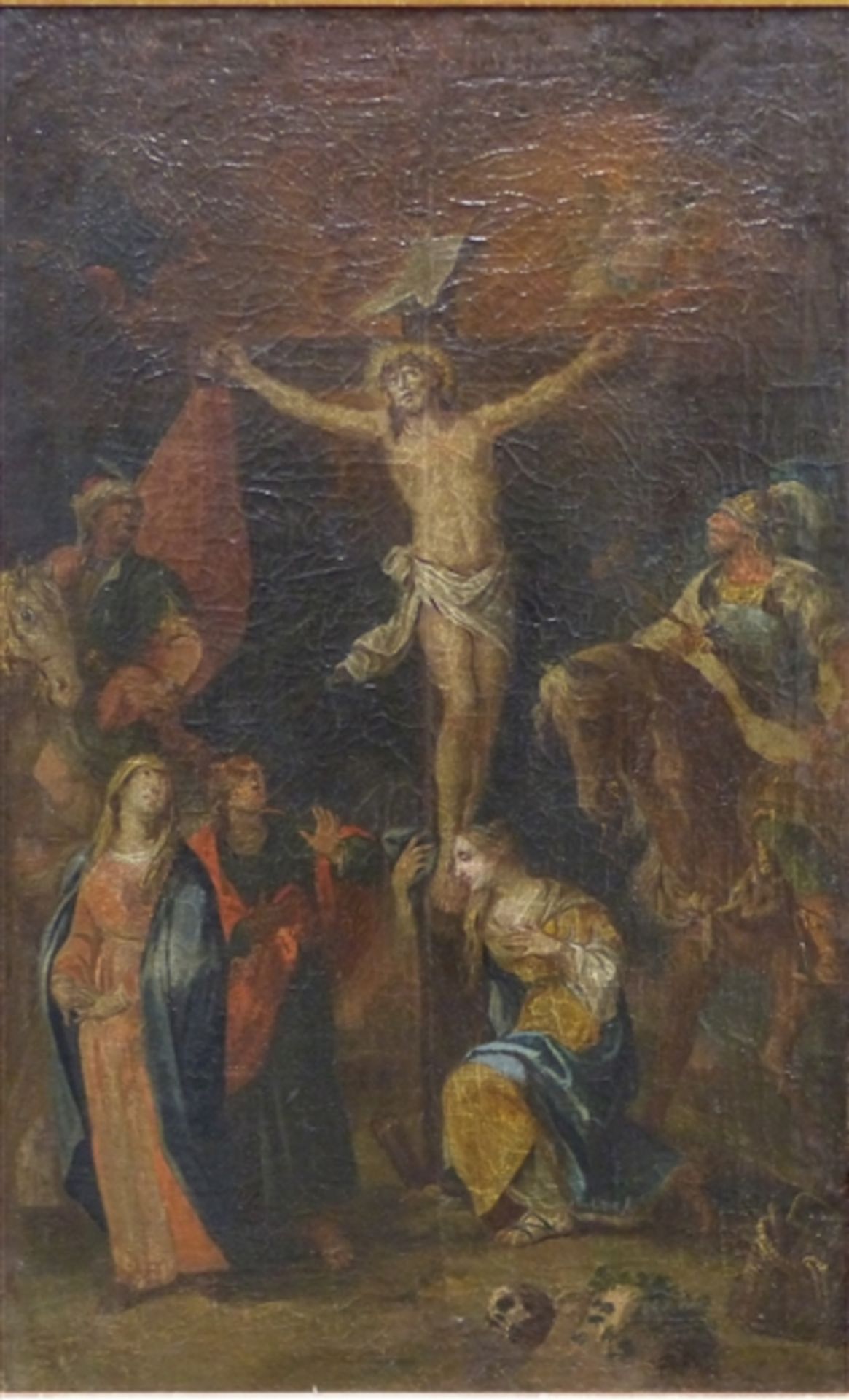 Deutsch, 19. Jh. Öl auf Leinen, Christus am Kreuz mit Personen und Reitern, 81 x 50 cm, im Rahmen,