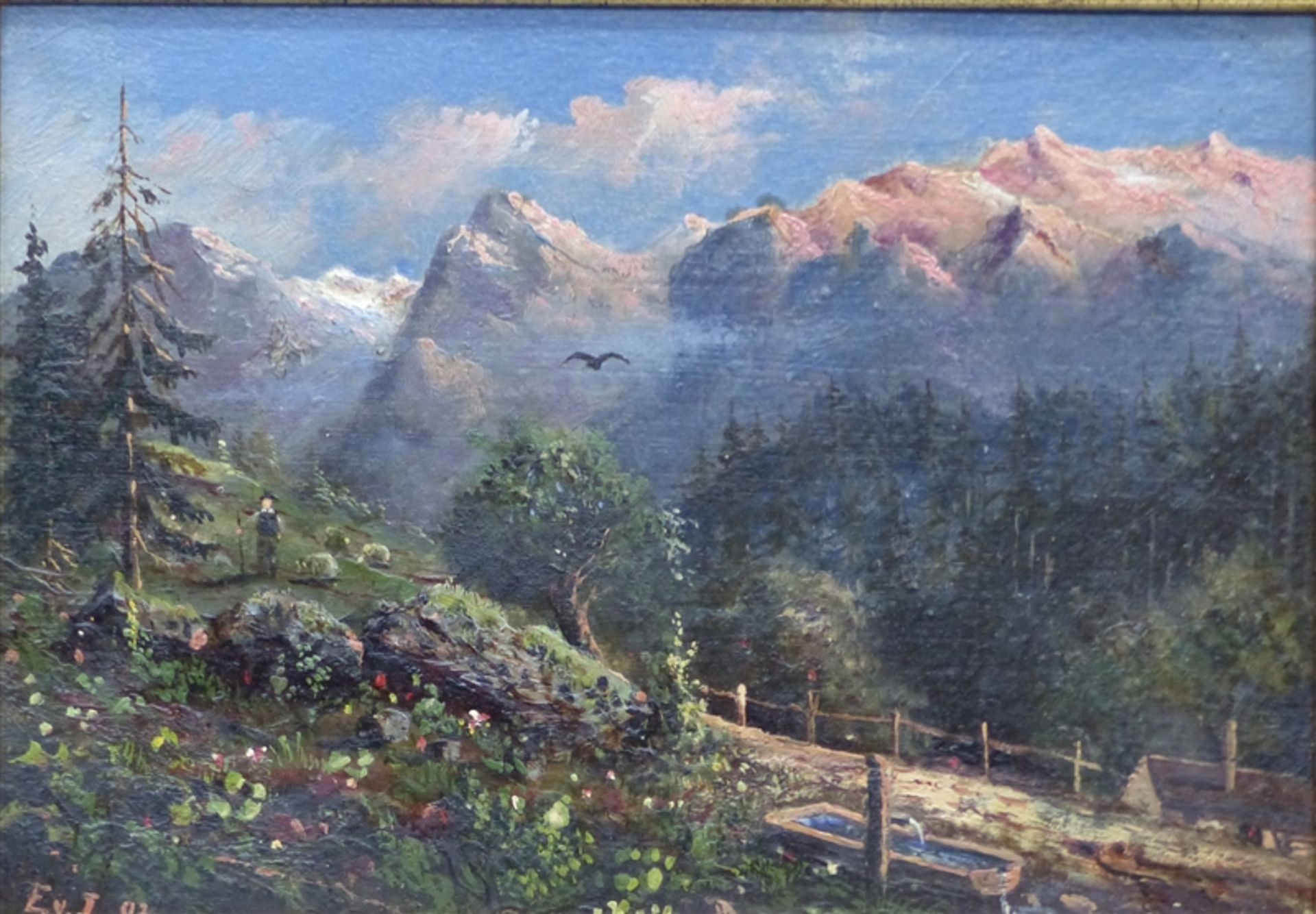 Monogrammist, um 1900 Öl auf Malerpappe, Sommerliche Berglandschaft mit Hirte, links unten