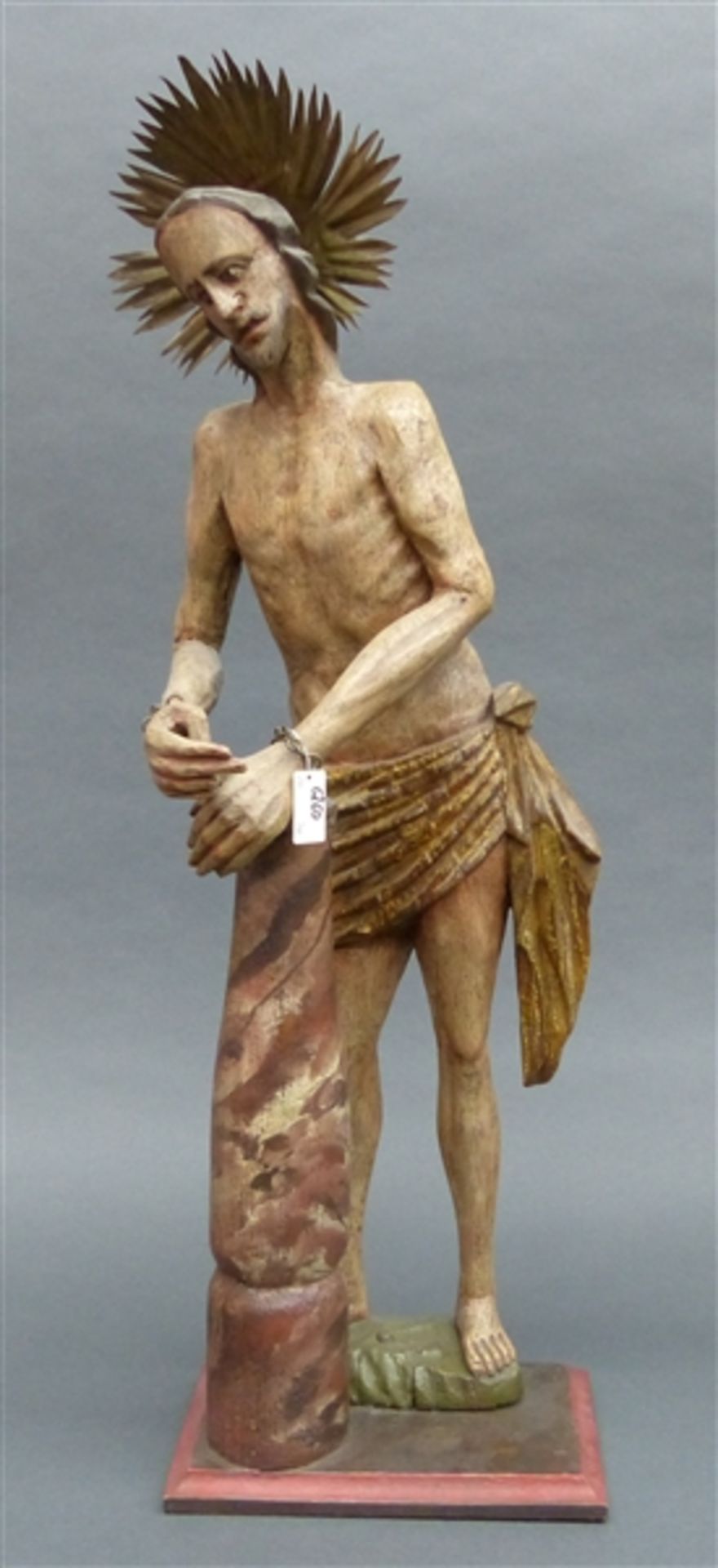 Holzskulptur, um 1900 geschnitzt, bemalt, "Geißelchristus", h 66 cm,