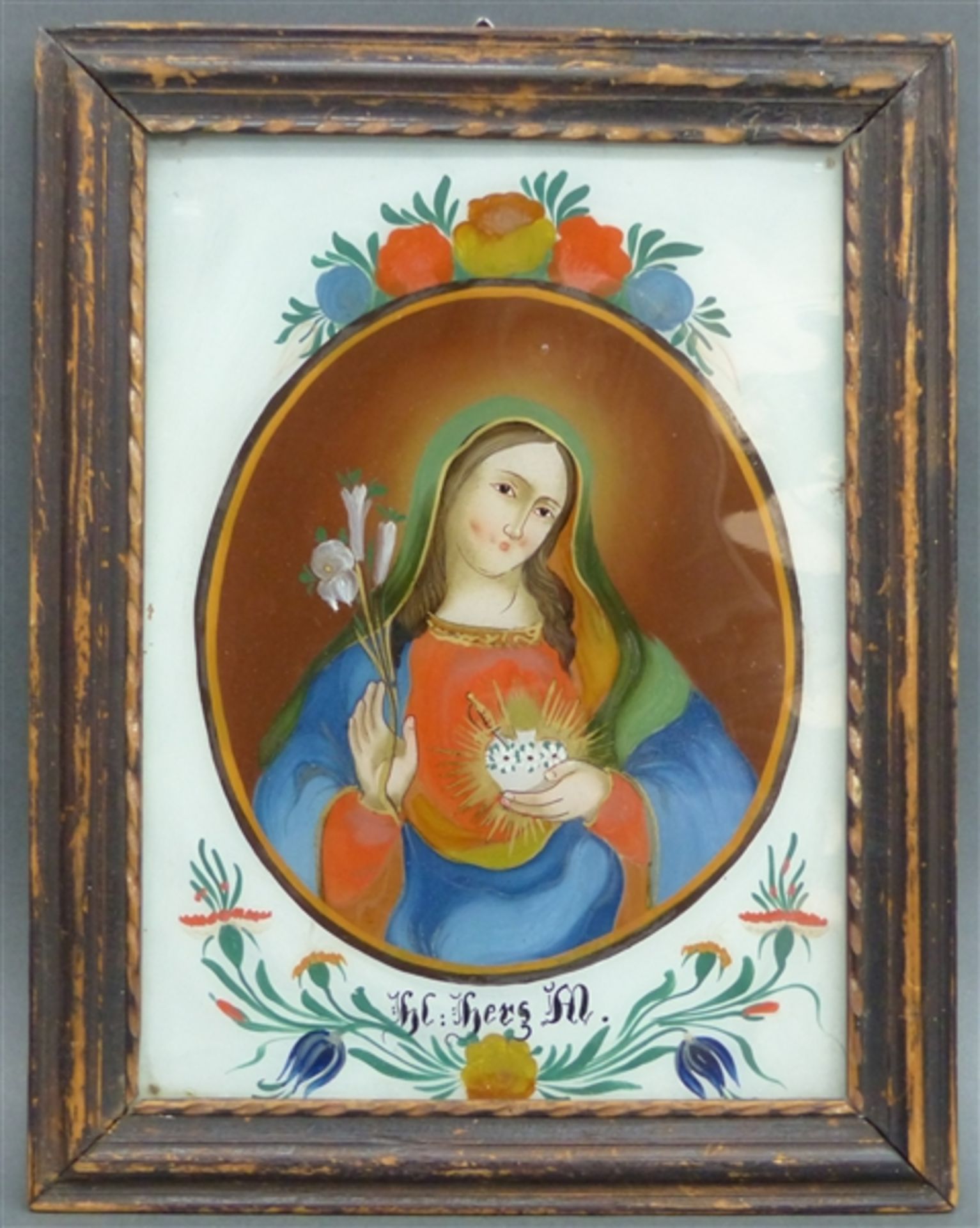 Hinterglasbild, um 1800 Süddeutsch, Herz Maria, Medaillon im Blütenkranz, gute Arbeit, 24 x 18 cm,