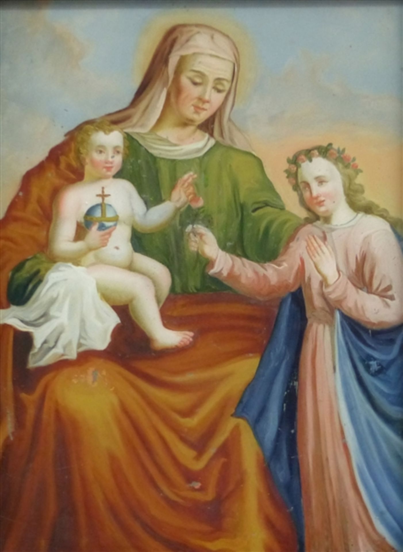 Hinterglasbild, um 1800 Darstellung der Mutter Gottes mit Jesuskind und Heiliger, minimale