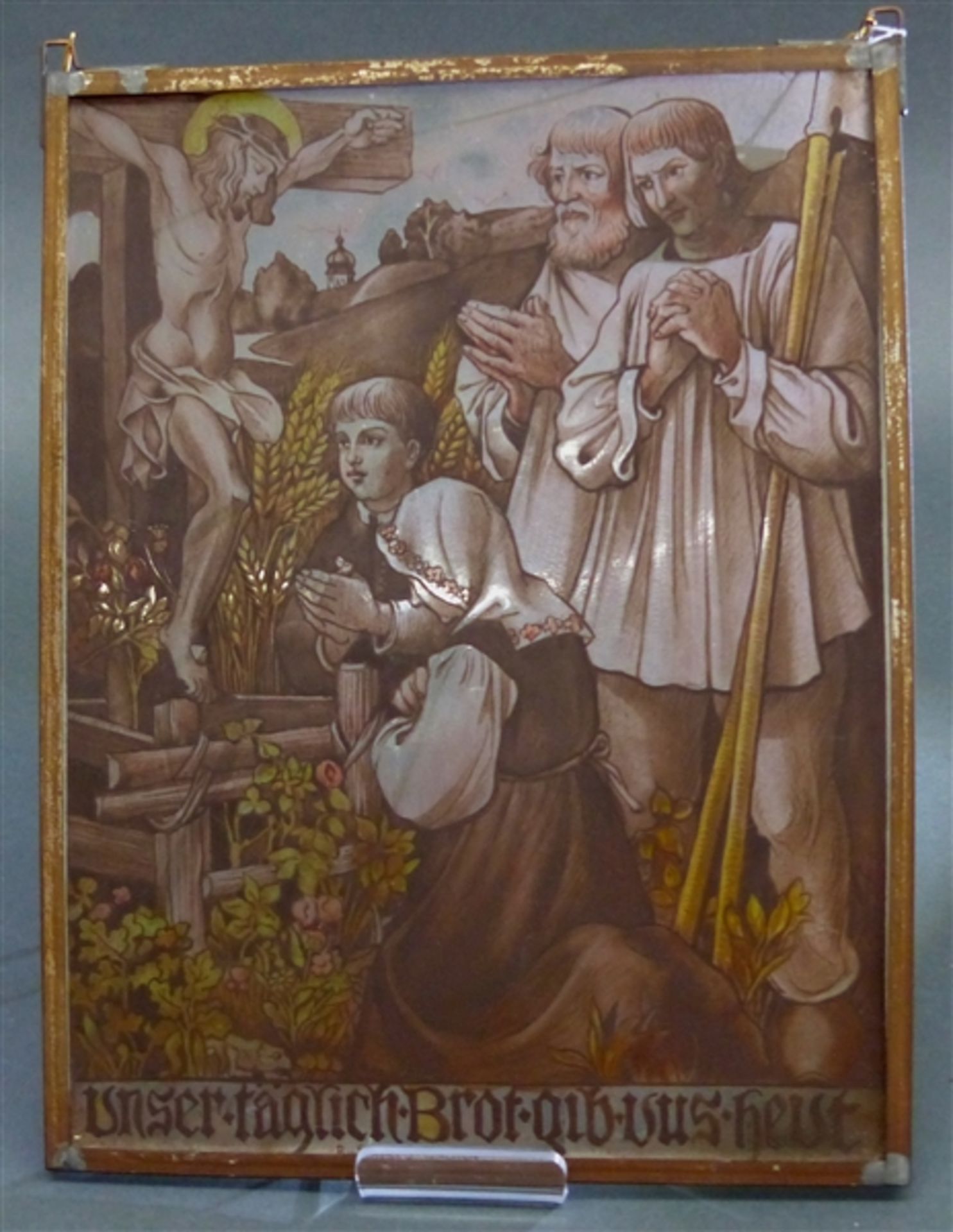 Glasbild Unser täglich Brot gib uns heute, signiert Rudolf Schistl, München, Bauern beten am