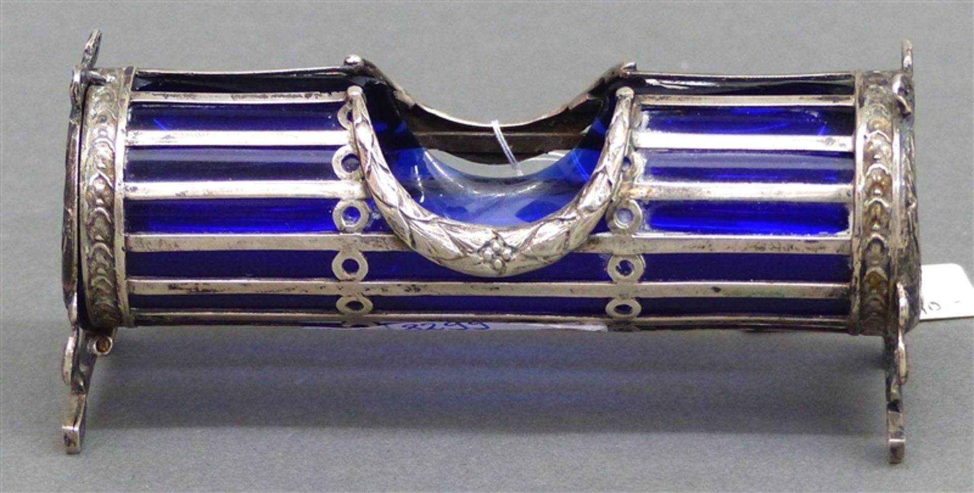 Zahnstocherständer Silber, England, blauer Glaseinsatz, l 10 cm, h 4,5 cm,