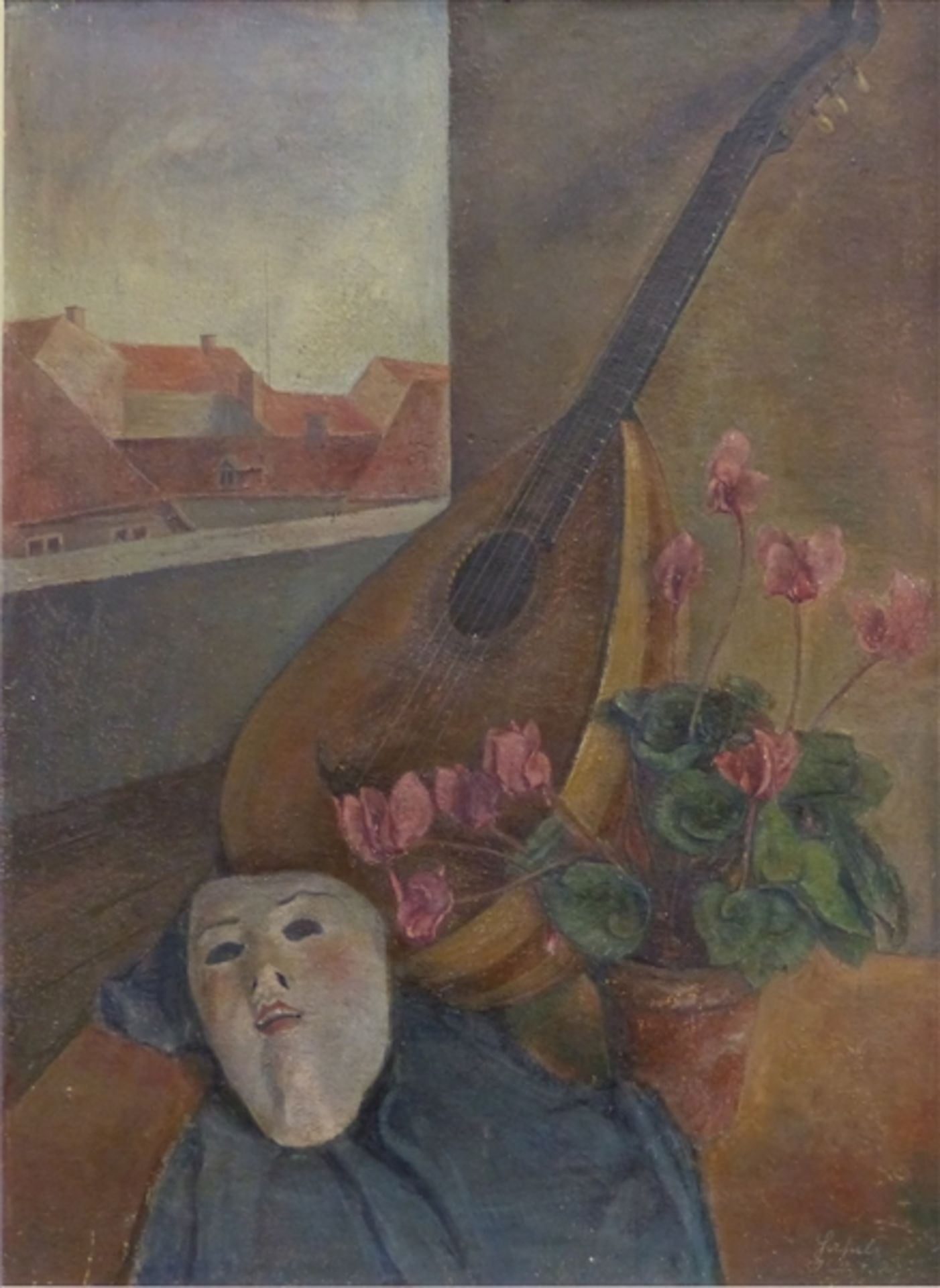 Deutsch, 1942 Öl auf Holz, Stillleben mit Mandoline, Blumenstock und Maske, dahinter
