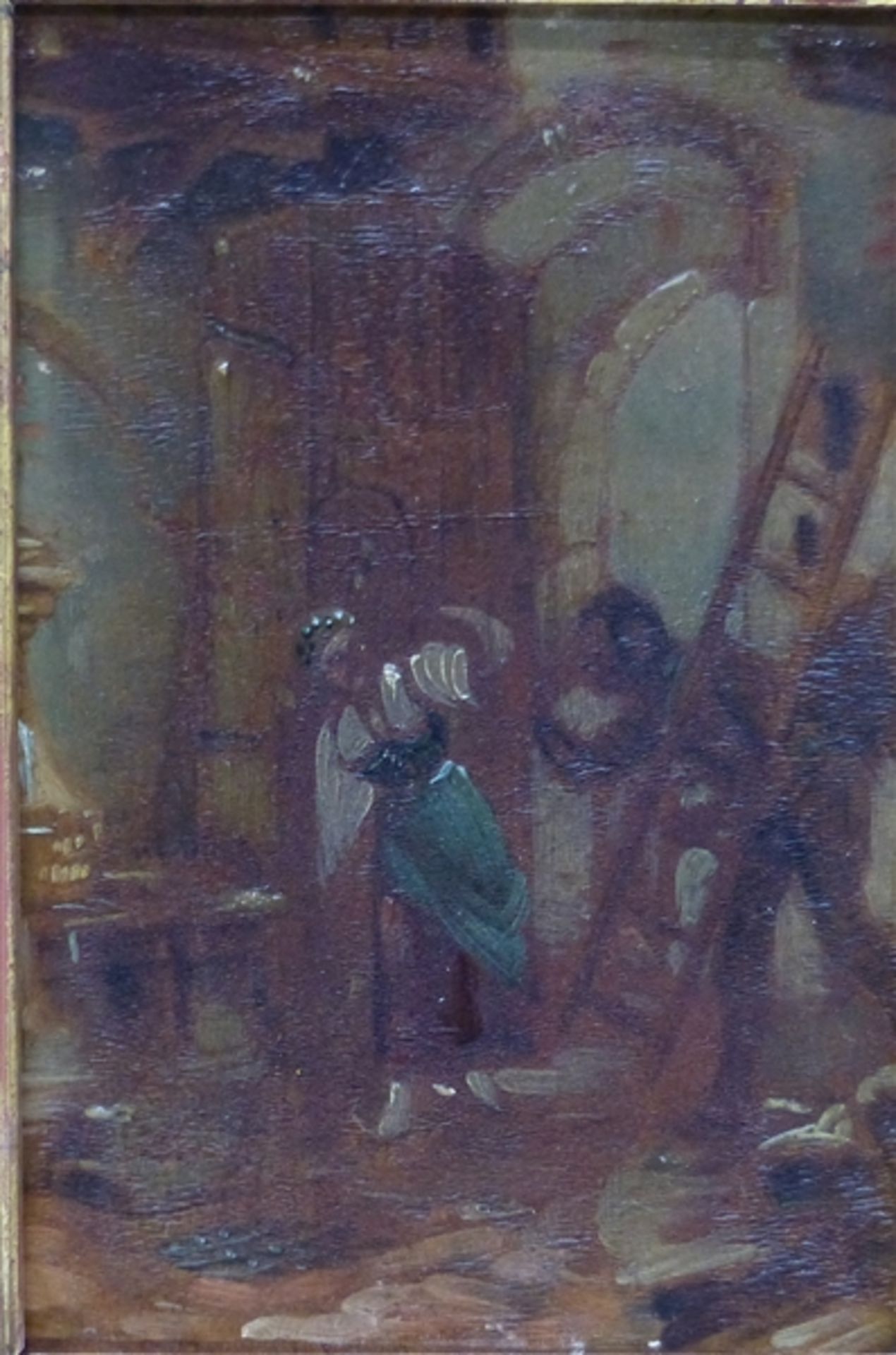 Deutsch, um 1900 Öl auf Holz, Magd und Kaminkehrer vor dem Haus, 13,5 x 9 cm, im Rahmen,