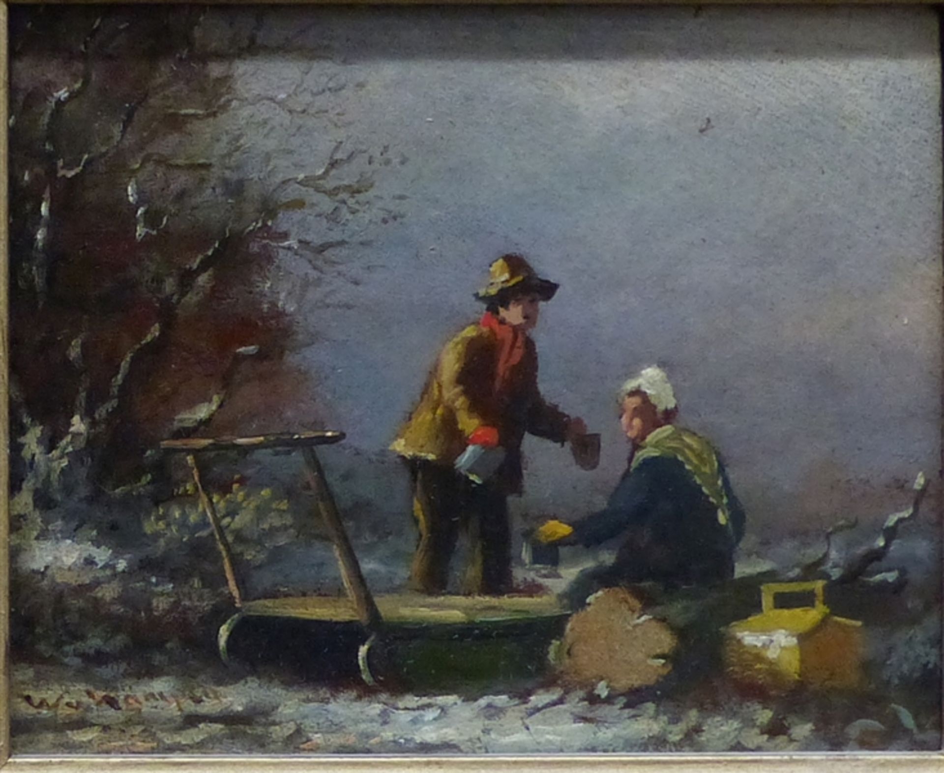 Unbekannt Öl auf Holz, Mann und Frau mit Schlitten im Winter, Holland 20. Jh., links unten