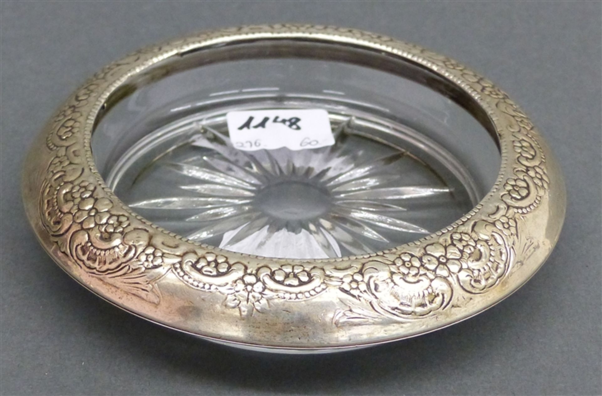 Schälchen Kristallglas, mit Silbermontur, Relief, Blumendekor, rund, d 11,5 cm,