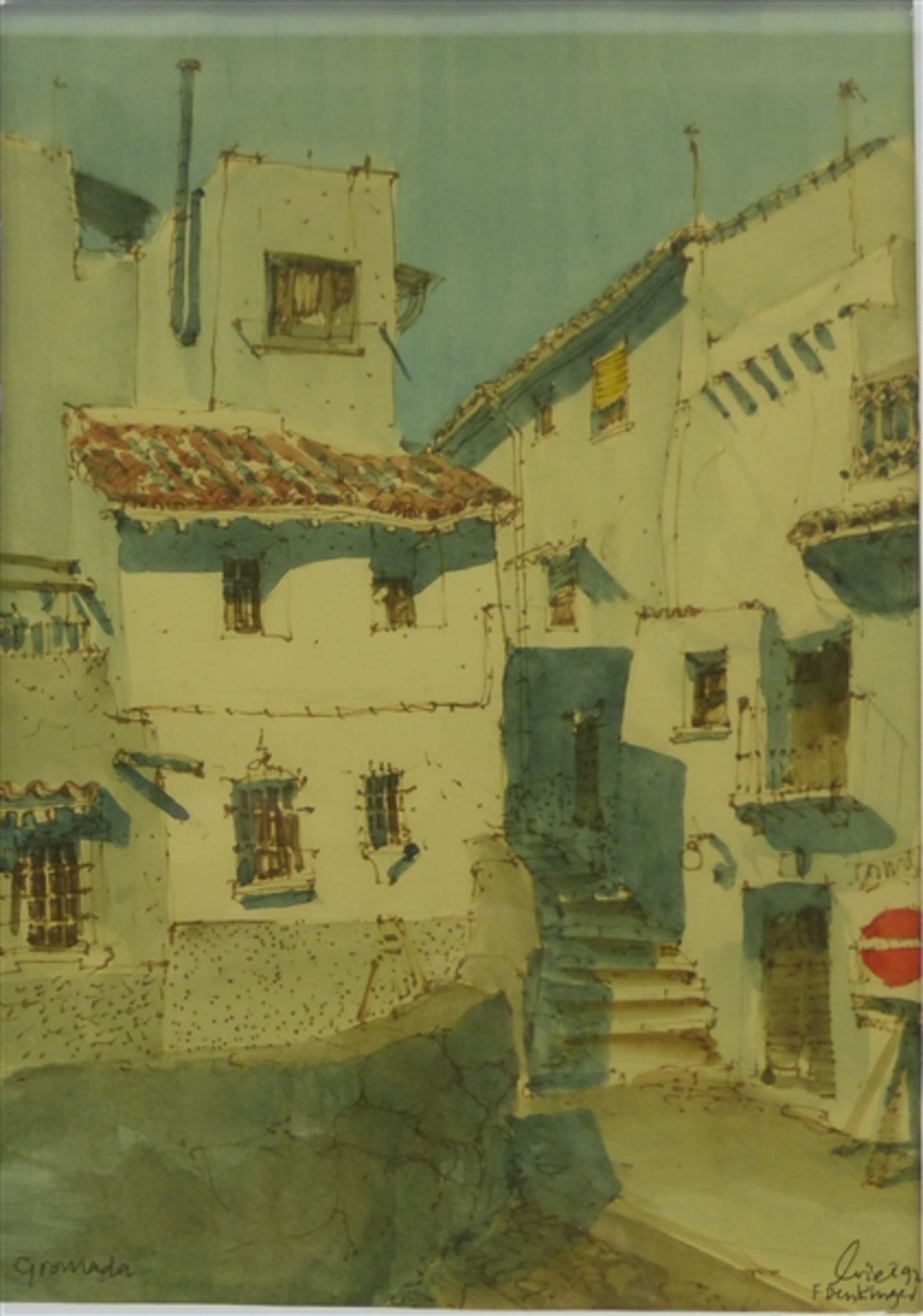 Denkinger, F. 20. Jh. Mischtechnik auf Papier, Gasse in Granada, rechts unten signiert, 40 x 28 cm,