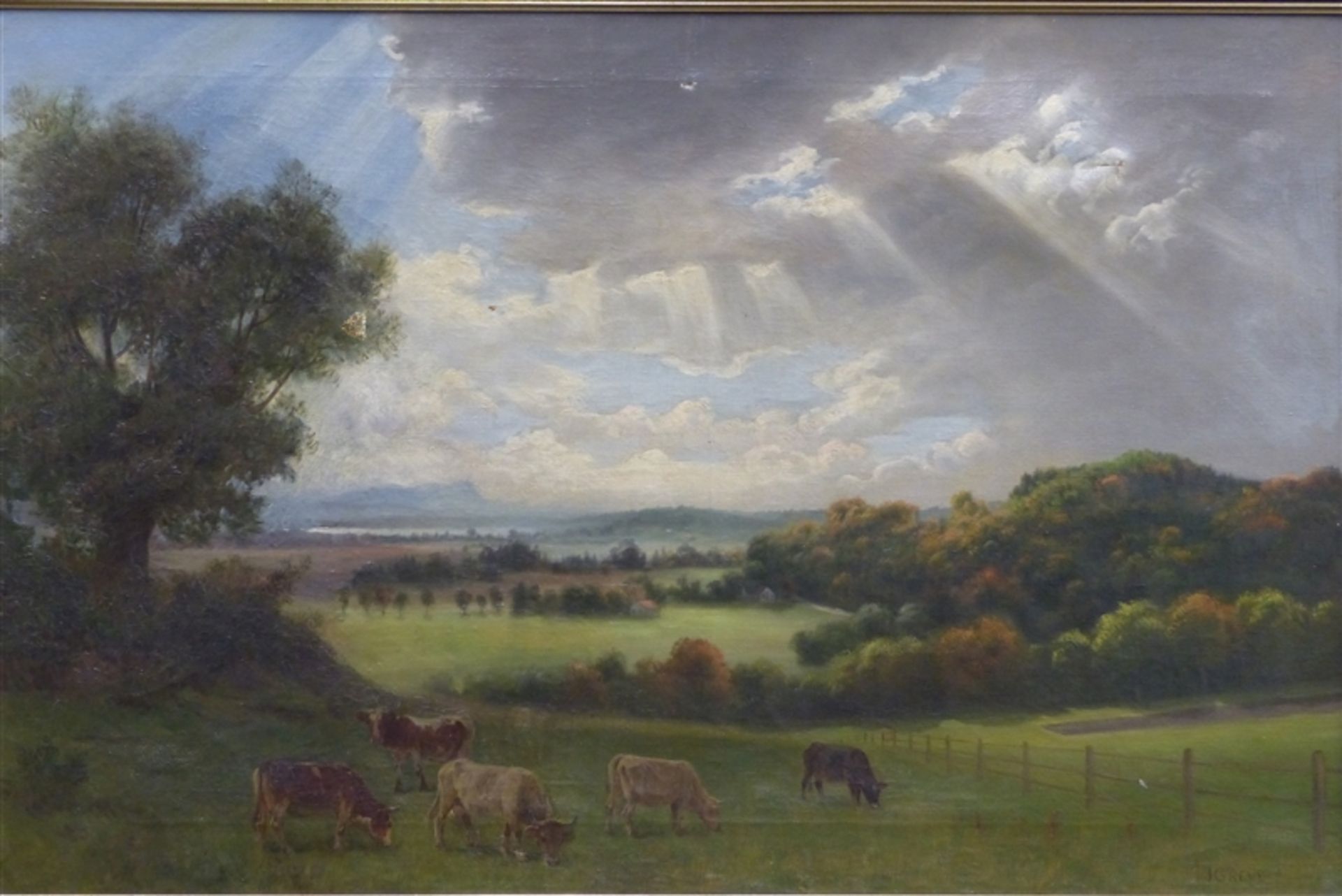 Greve, J. Öl auf Leinwand, Landschaft mit Kuhherde unter bewölktem Himmel, rechts unten signiert,