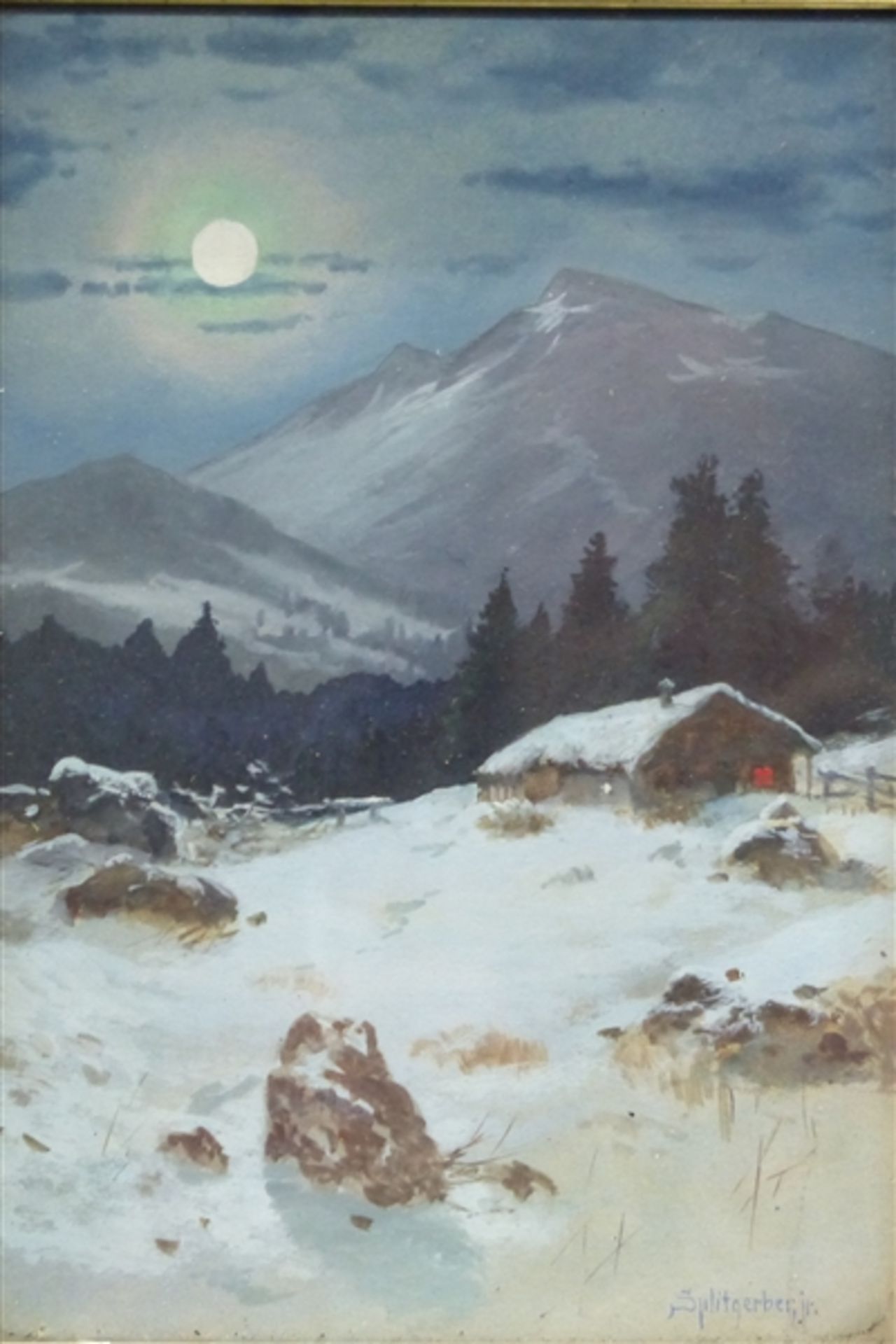 Splitgerber, Karl 1844 - 1918, Öl auf Malerpappe, winterliche Gebirgslandschaft mit Hütte bei Nacht,