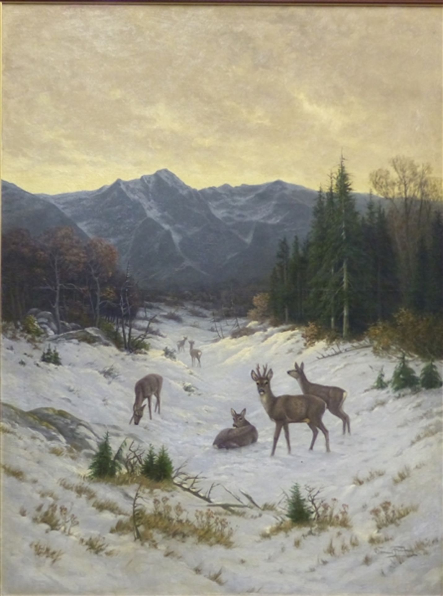 Freitag, Clemens 1883 - 1969, Öl auf Leinen, Rehe in winterlicher Waldlichtung, im Hintergrund