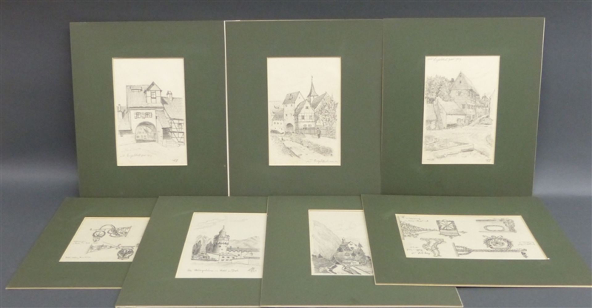 7 Zeichnungen um 1910, Bleistift, verschiedene Motive: Dorfansichten, Wirtshausschilder, u.a. von
