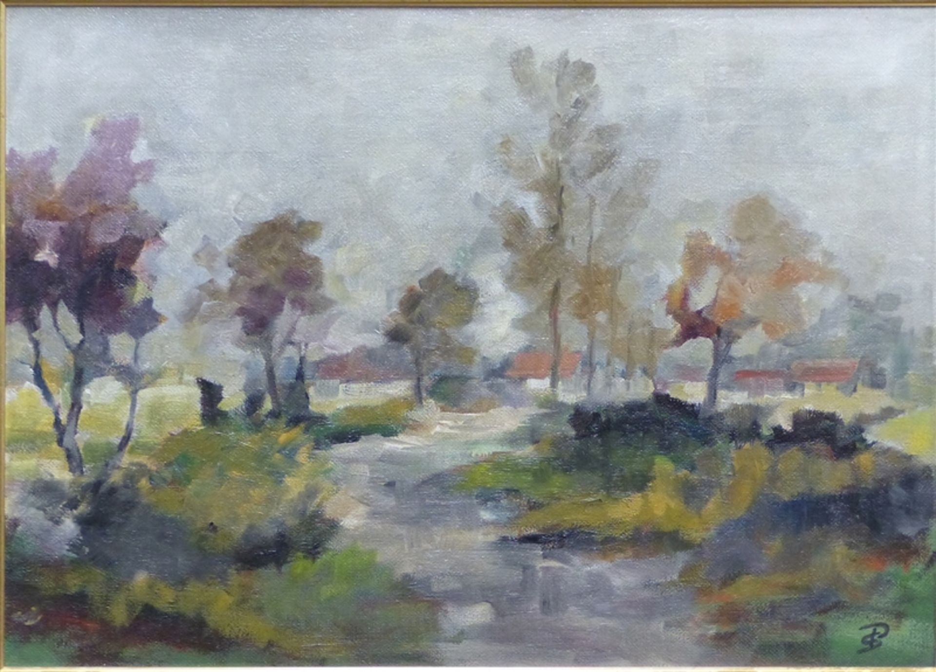 Monogrammist, 20. Jh. Öl auf Malerpappe, Flusslandschaft mit Dorf im Hintergrund, impressionistische