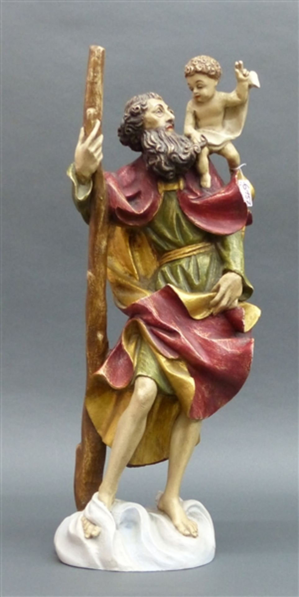 Holzskulptur, 20. Jh. geschnitzt, gefasst, vergoldet, Hl. Christophorus mit Jesuskind, Südtirol, h