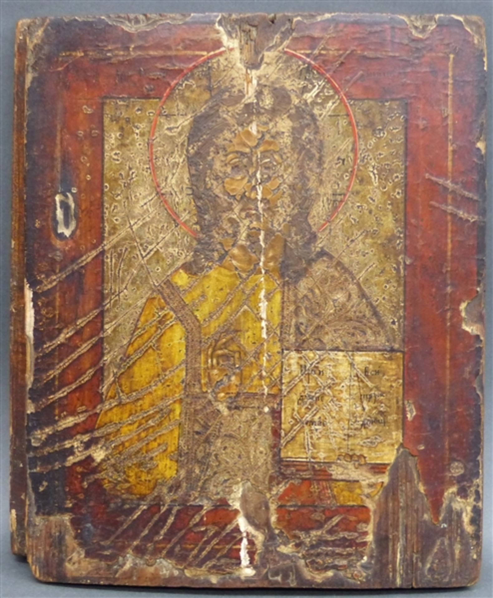 Ikone Russland, 19. Jh., Christus Pantokrator, stark beschädigt, 27 x 23 cm,