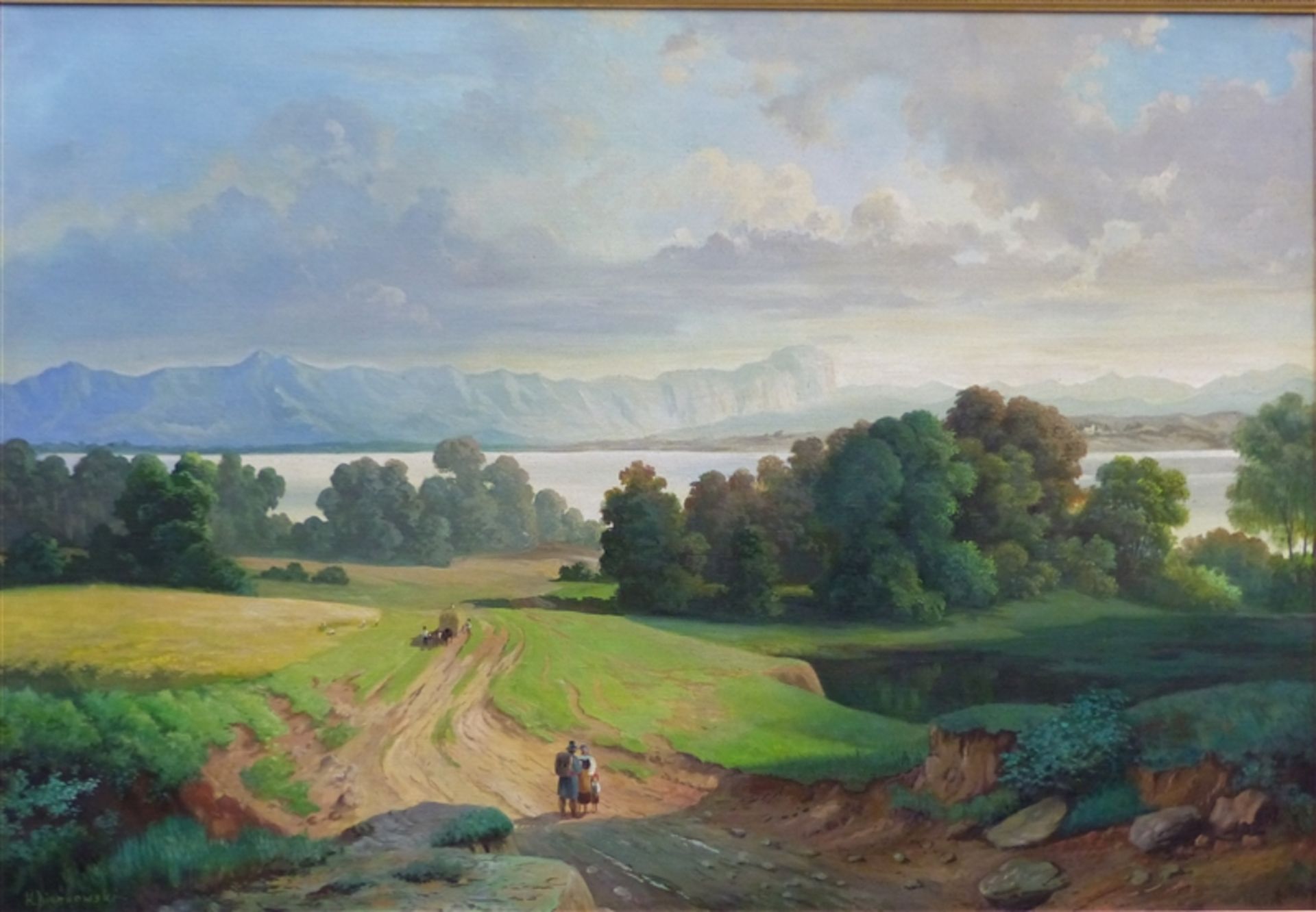 Bienkowski, H. München, Öl auf Leinen, weite Sommerliche Gebirgslandschaft mit See, im Vordergrund