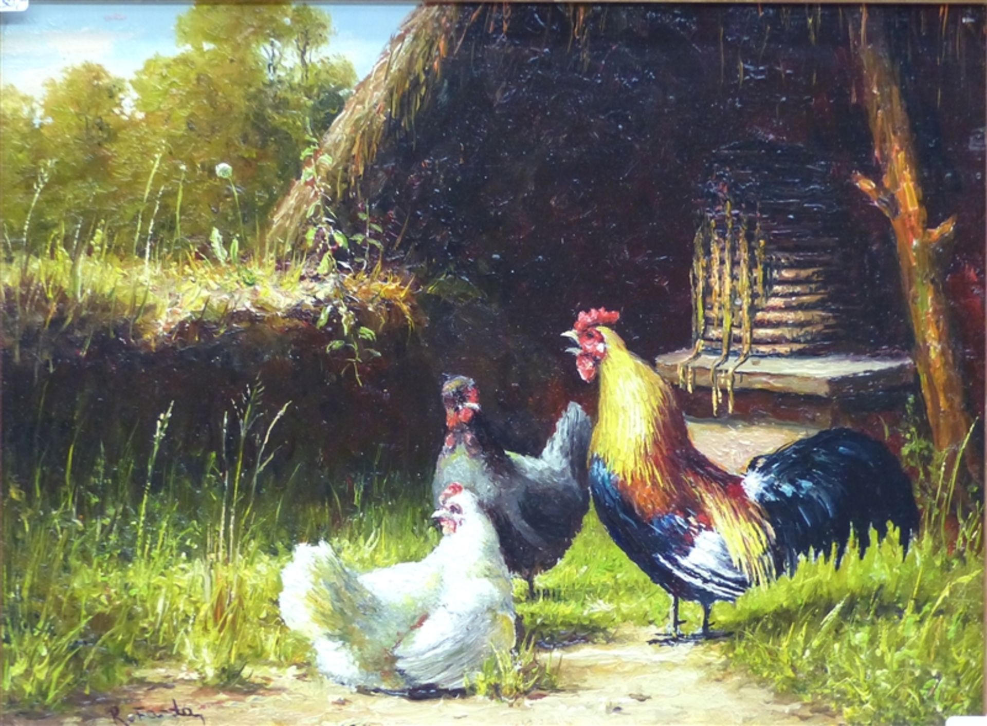 Hühnerhof, 20. Jh. Öl auf Holz, Hahn und Hennen am Stall, links unten signiert, 18 x 24 cm, im