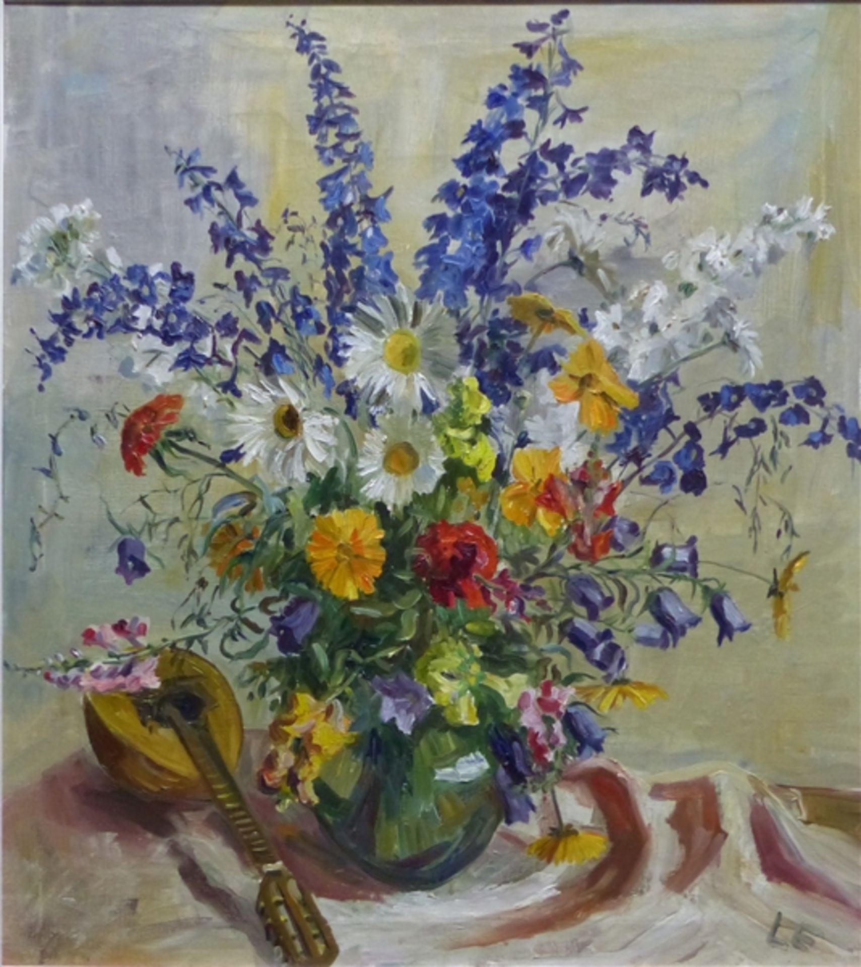 Lettl, Wolfgang 1919 - 2008 Augsburg, Öl auf Leinwand, Stillleben mit Frühlingsblumen und Mandoline,