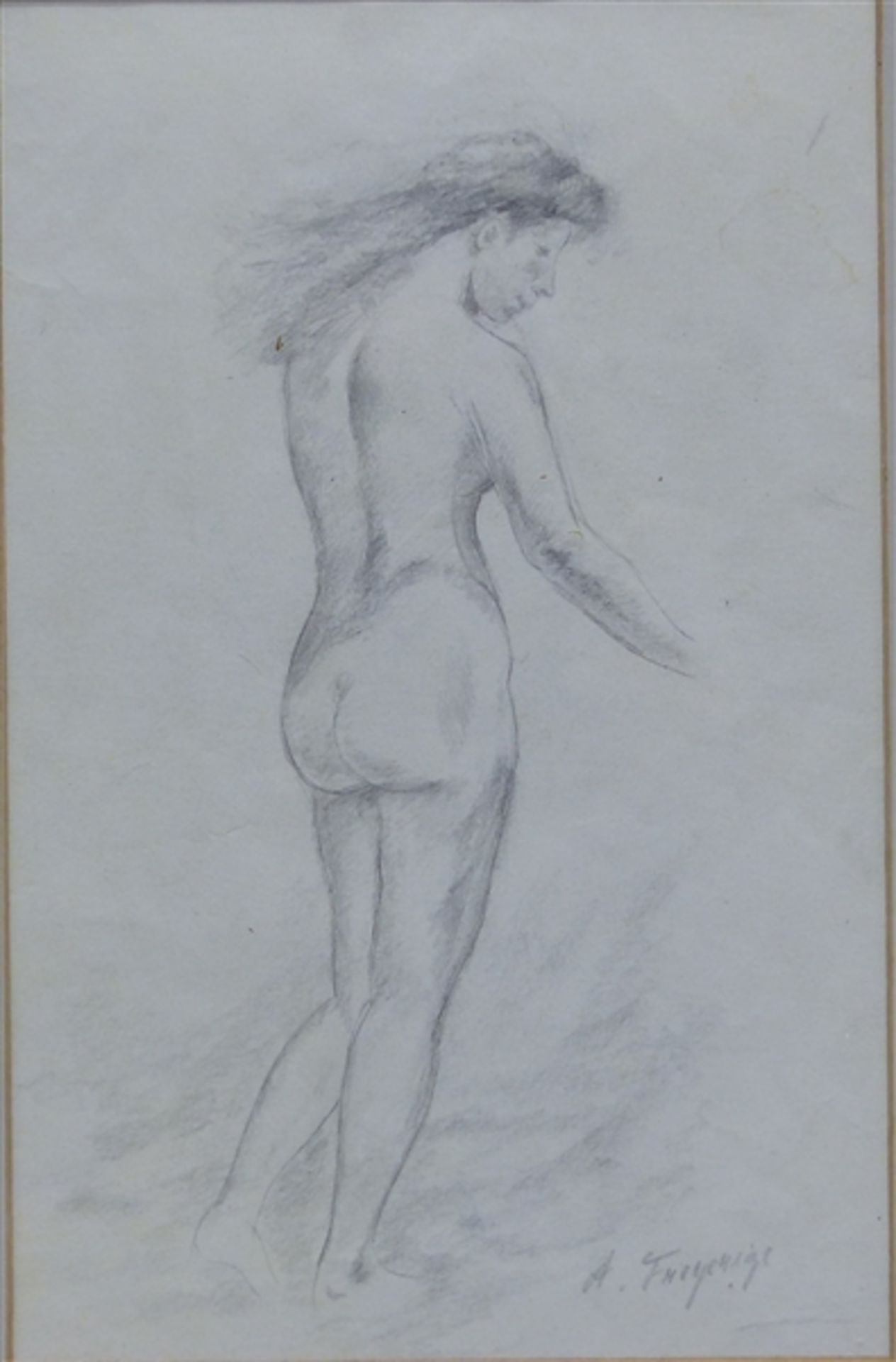 Bleistifzeichnung, 20. Jh. Damenakt, rechts unten signiert, A. Freyerige, 28x18 cm, im Rahmen,