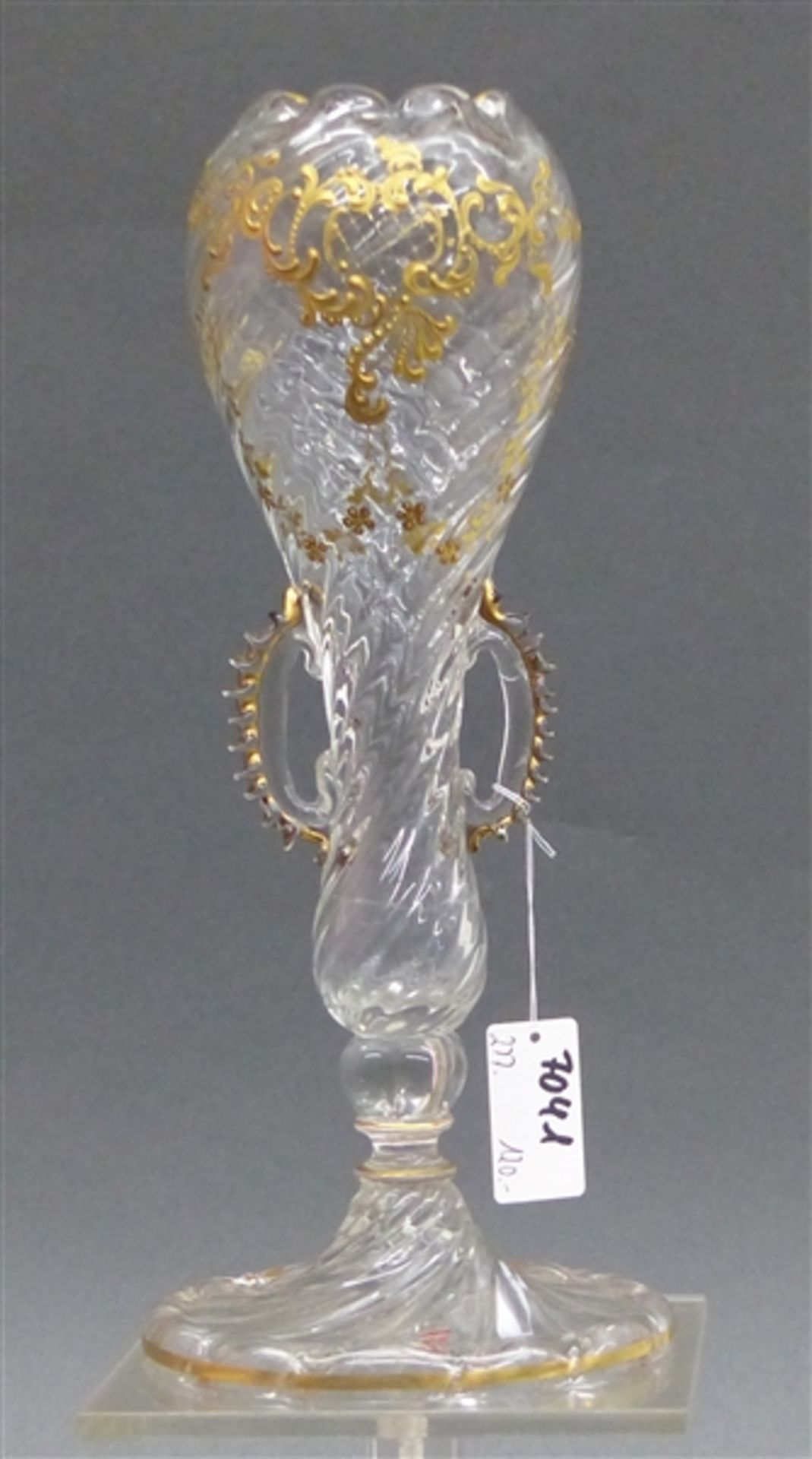 Glaspokal farblos mit Goldbemalung, Murano, um 1900, gedrehter Fuß, h 22 cm,