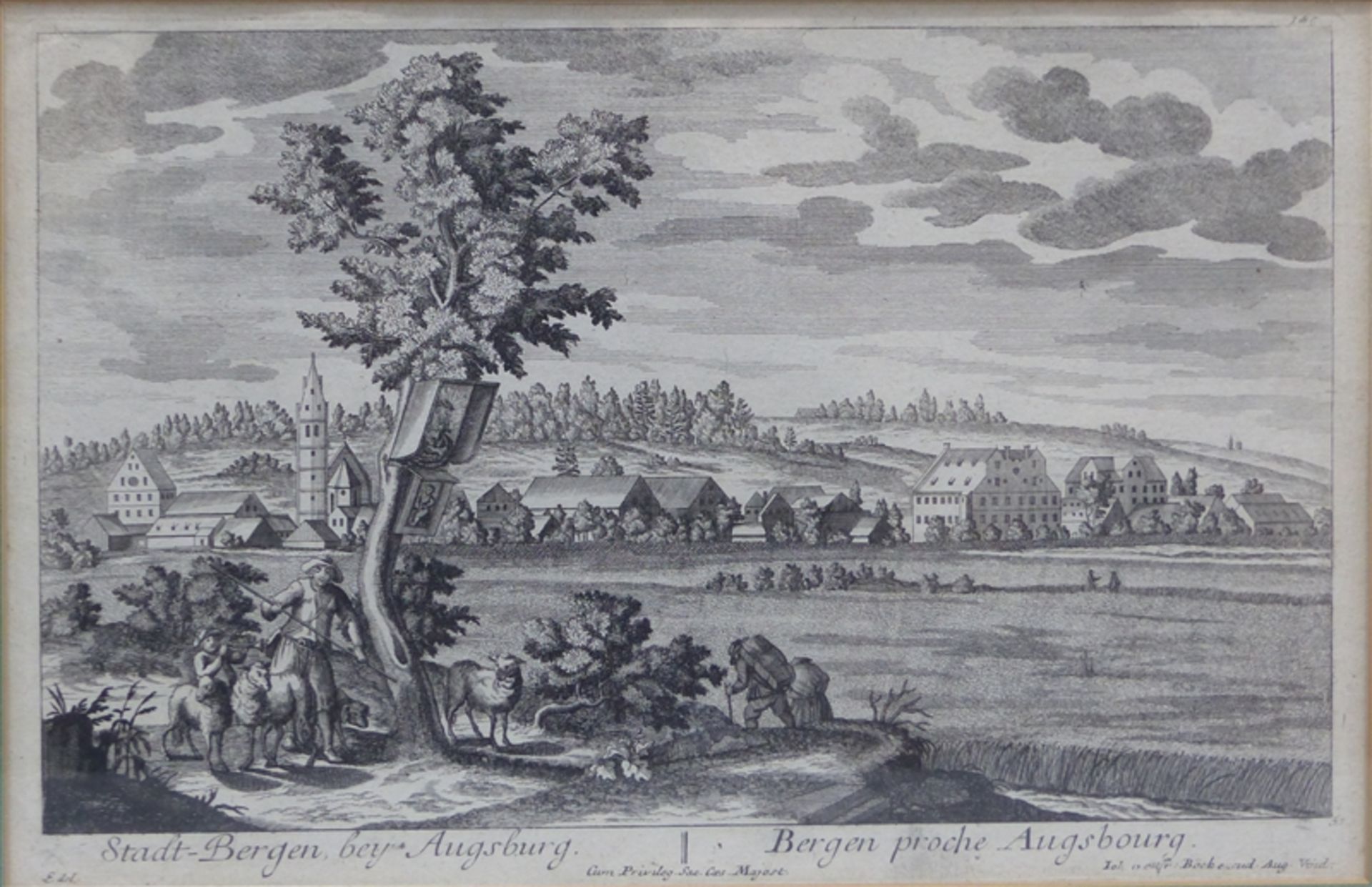 Kupferstich von Johann Gottfried Böck, "Stadt-Bergen bey Augsburg", 20 x 30 cm, im Rahmen,