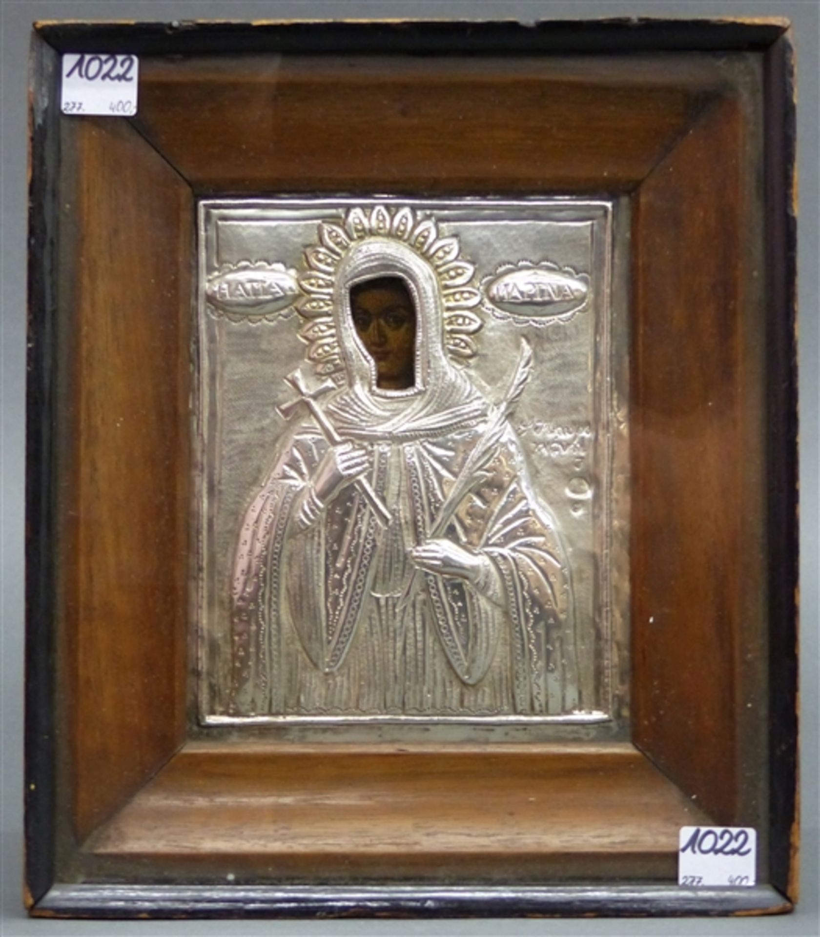 Ikone mit Silberrisa, Griechenland, Mutter Gottes, auf Holz, im verglasten Holzrahmen, 17x14 cm,