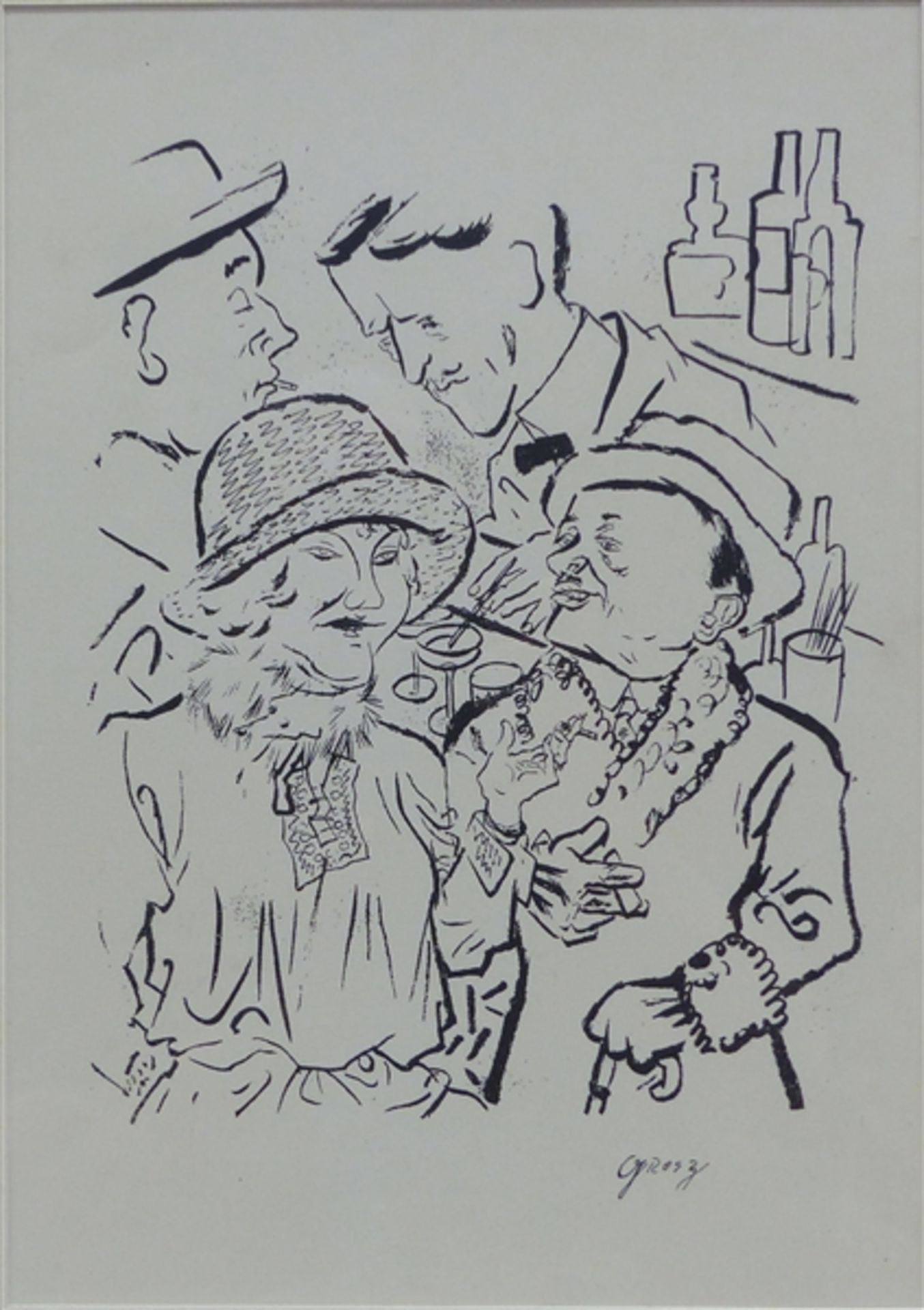 Lithographie, 20. Jh. Vornehmes Paar in der Bar, von George Grosz, 34,5x24,5 cm, im Rahmen,