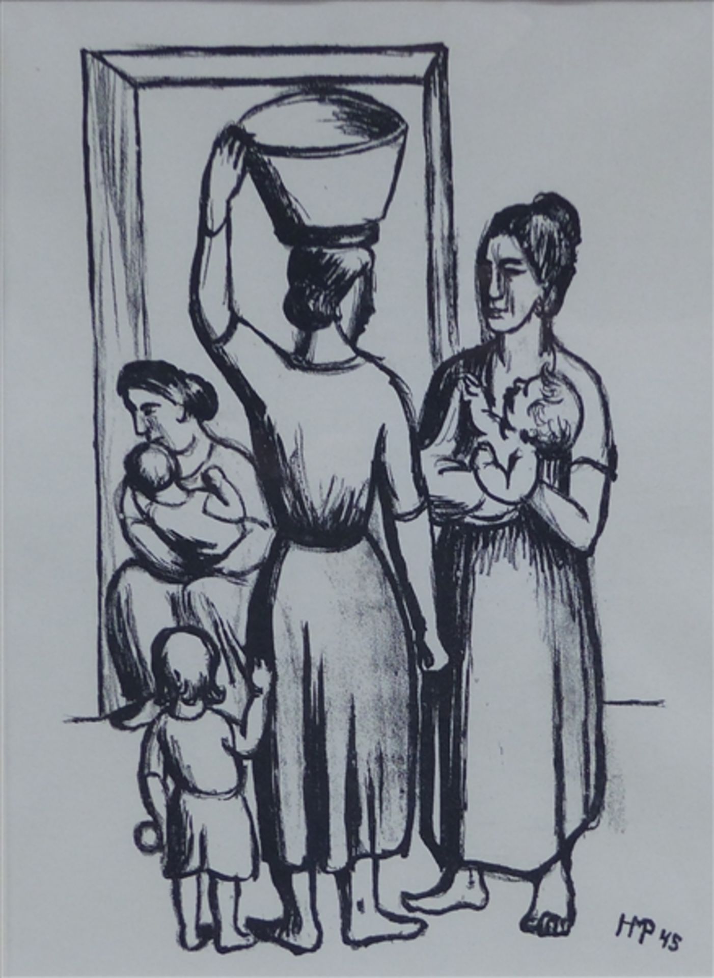 Lithographie, 20. Jh. 3 Frauen und ihre Kinder, von Max Pechstein, 38x28 cm, im Rahmen,