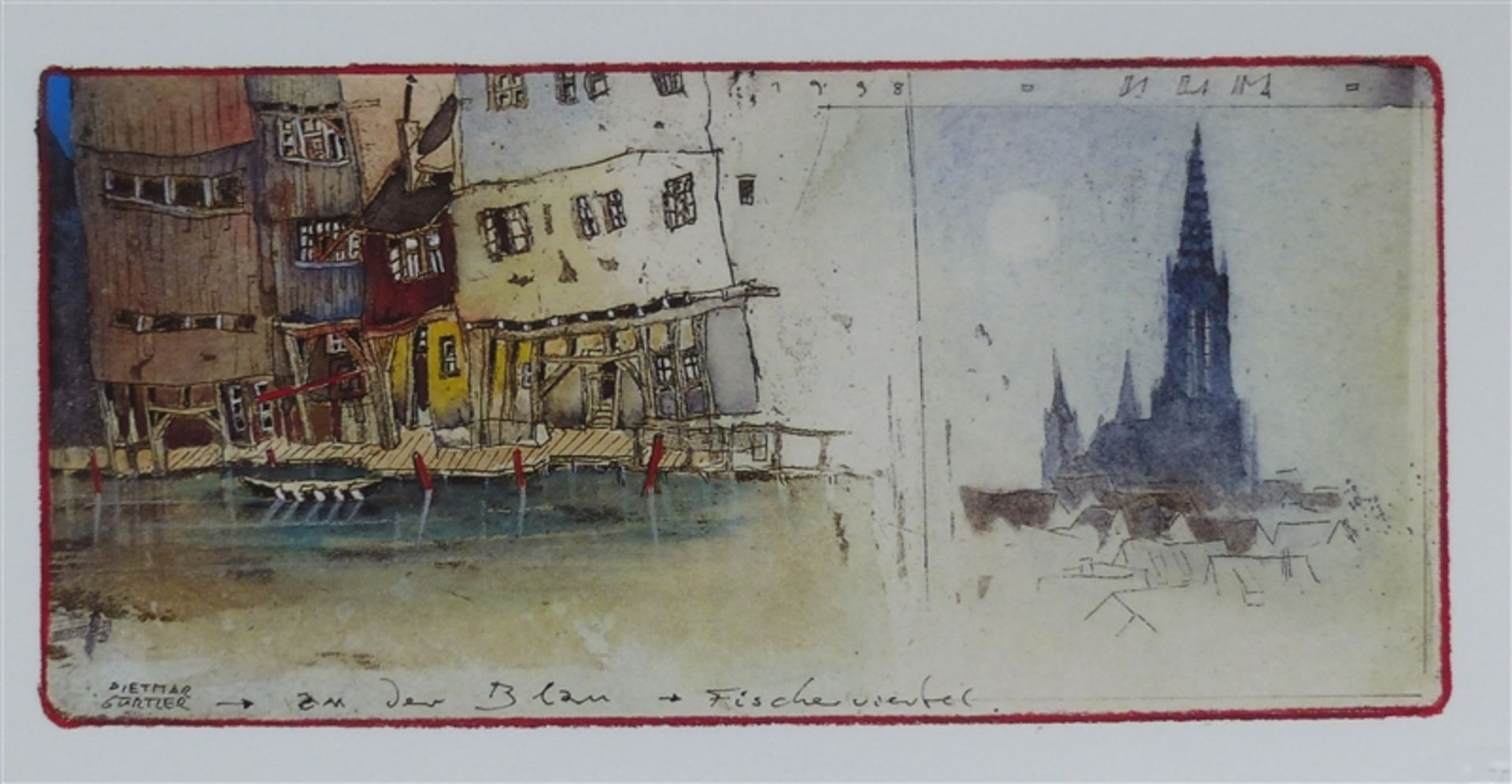 Lithographie Dietmar Gürtler, Ansicht des Fischerviertels in Ulm, mit Ulmer Münster, signiert,