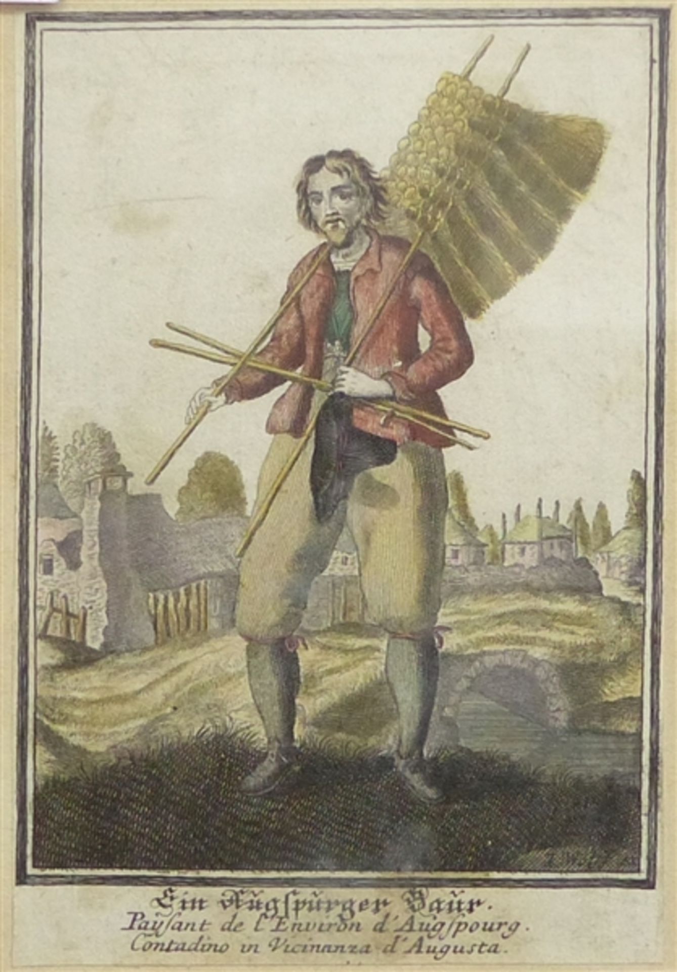 Kupferstich, 18. Jh. Ein Augsburger Baur, verlegt von Jeremias Wolff, coloriert, 15x10 cm, im