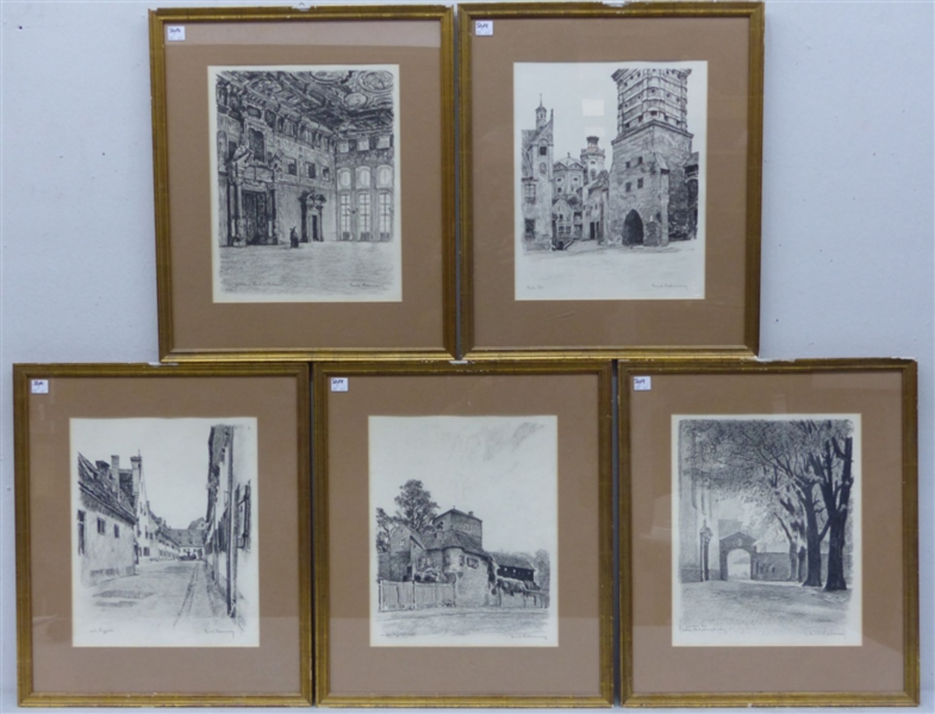5 Radierungen von Ernst Liebermann, Vogelmauer, goldener Saal, Kirchturm, rotes Tor, Fuggerei, je