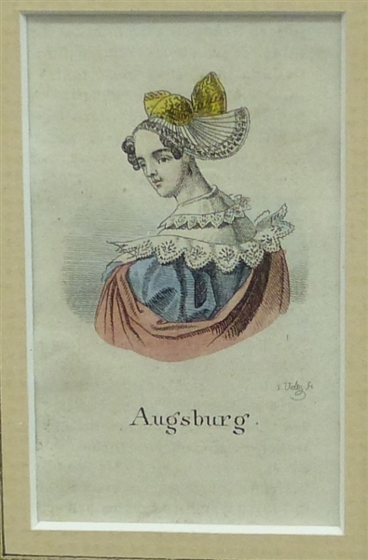 Kupferstich Dame in Augsburger Tracht, coloriert, 19. Jh., 7,5x4,5 cm, im Rahmen,