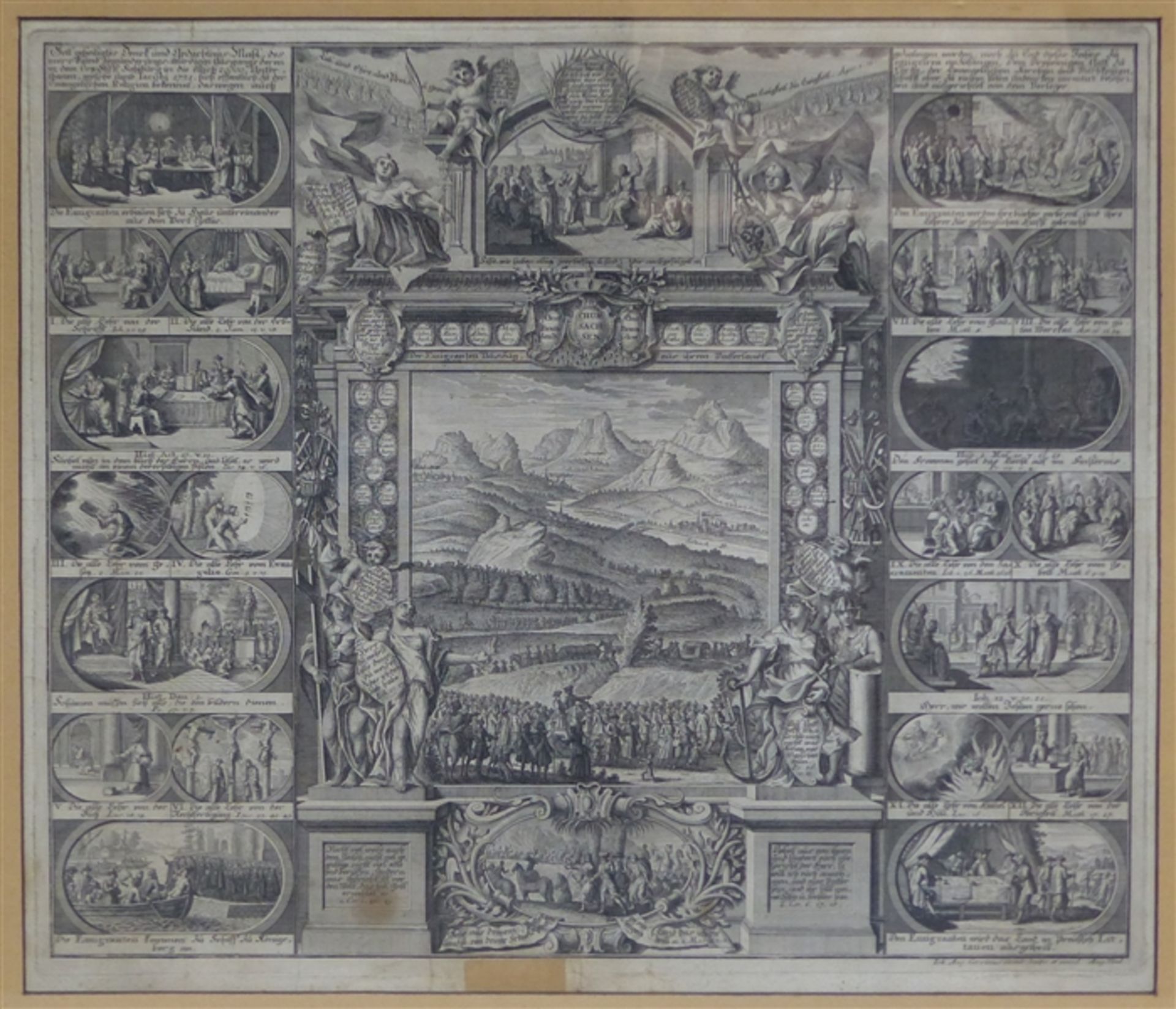 Kupferstich von Johann August Corvinius (1683-1738), prachtvolles Blatt, mittig Heimatmotiv,