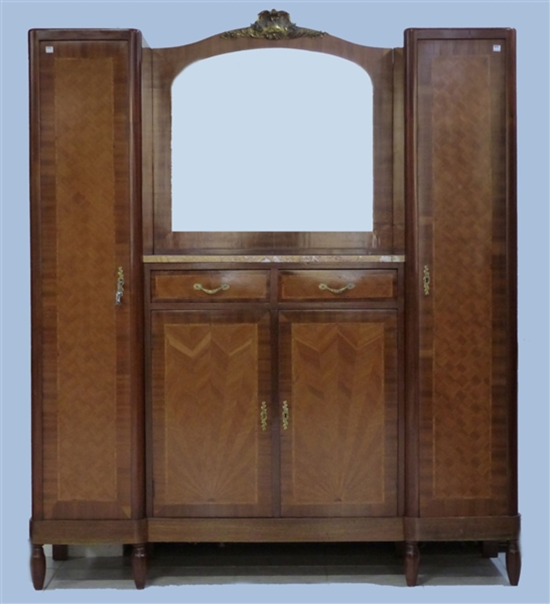 Boudoirmöbel Mahagoni, Maketerie mit verschiedenen Edelhölzern, seitlich zwei Türen, offenes